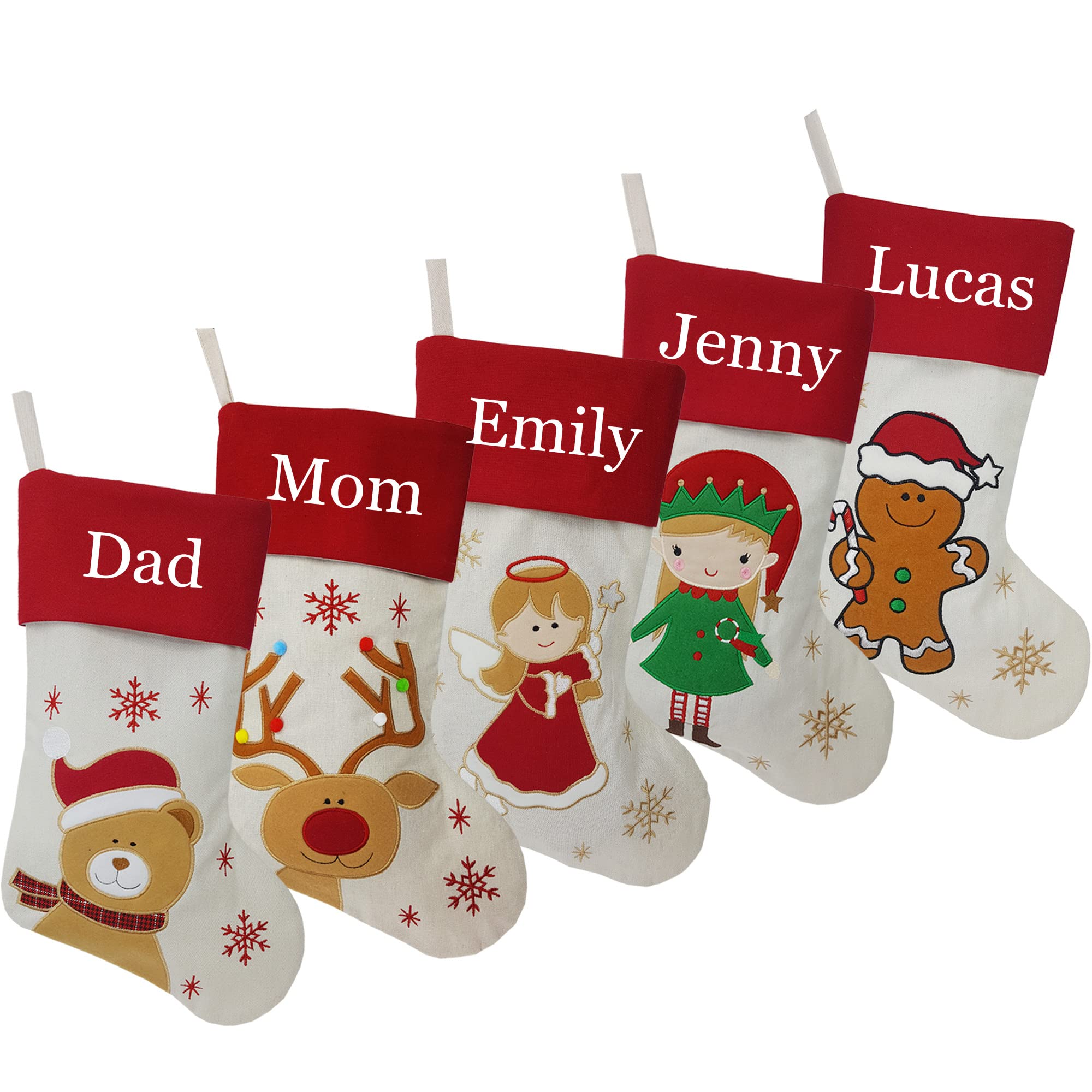 DearSun Set of 5 Personalized Christmas Stockings - 18 Inch Embroidered Names with Teddy Bear, Deer, Angel, Elf & Gingerbread Man Designs - Premium Linen Holiday Stockings for Family Decor - Perfect for Fireplace Mantel, Christmas Tree & Gift Exchange