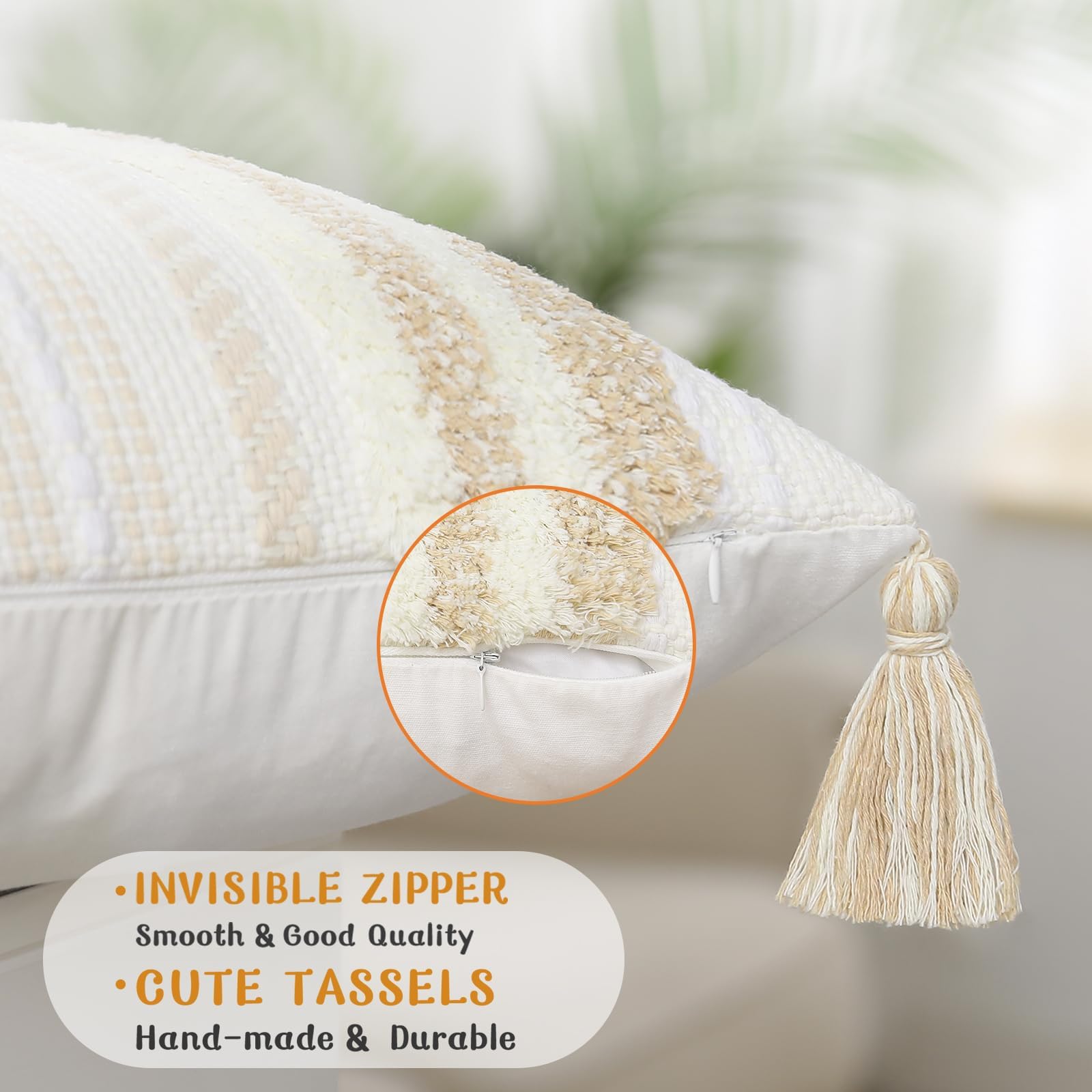 Boho Throw Pillow Covers 20x20 Set of 2 - Neutral Textured Tufted Decorative Pillow Covers for Couch, Bed, Sofa & Living Room - Striped Khaki and Cream White - Perfect for Bohemian Home Decor & Cozy Interior Styling