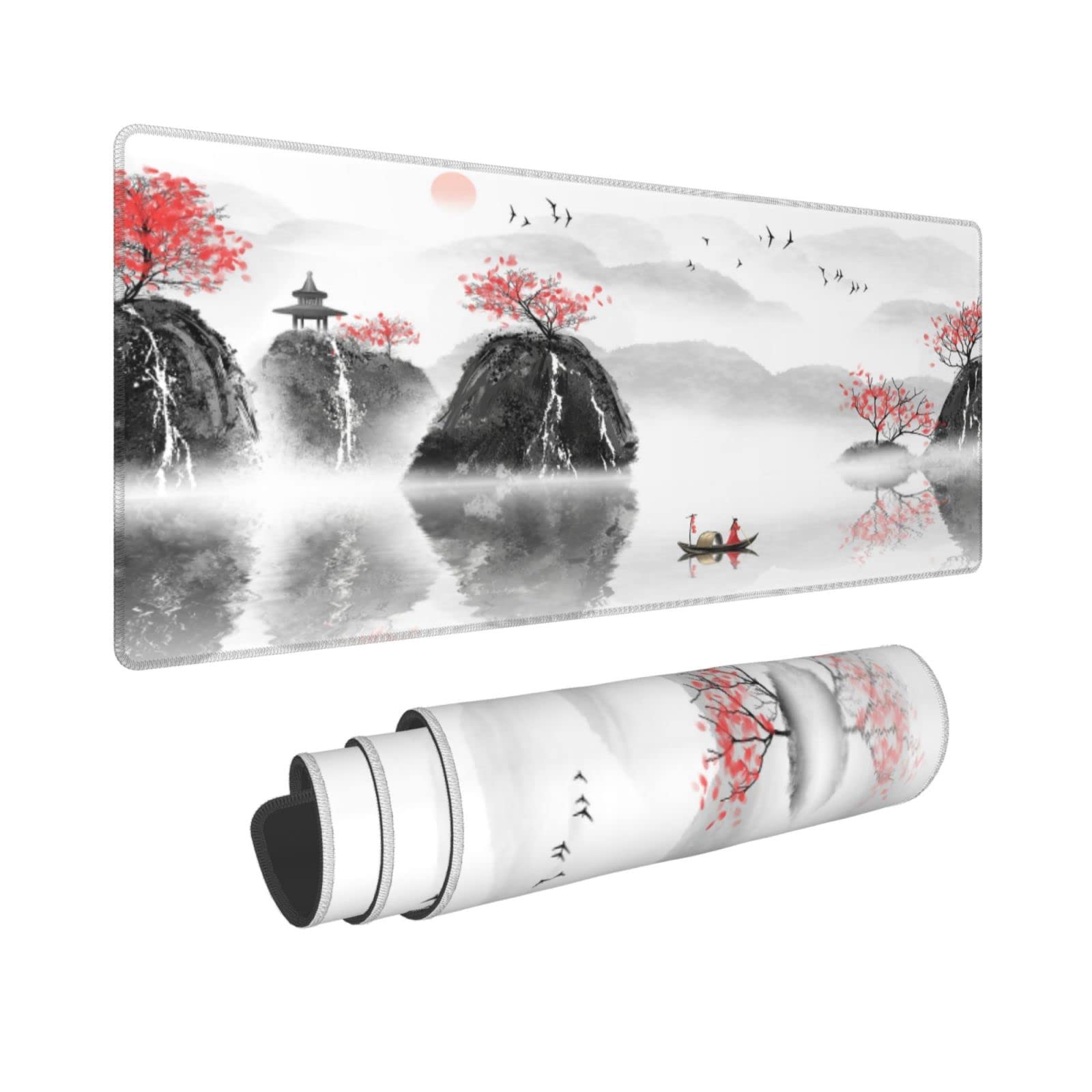 Japanese Cherry Blossom Sunrise Ink Landscape Gaming Mouse Pad - Non-Slip Rubber Base, Stitched Edges, Extra Large (31.5