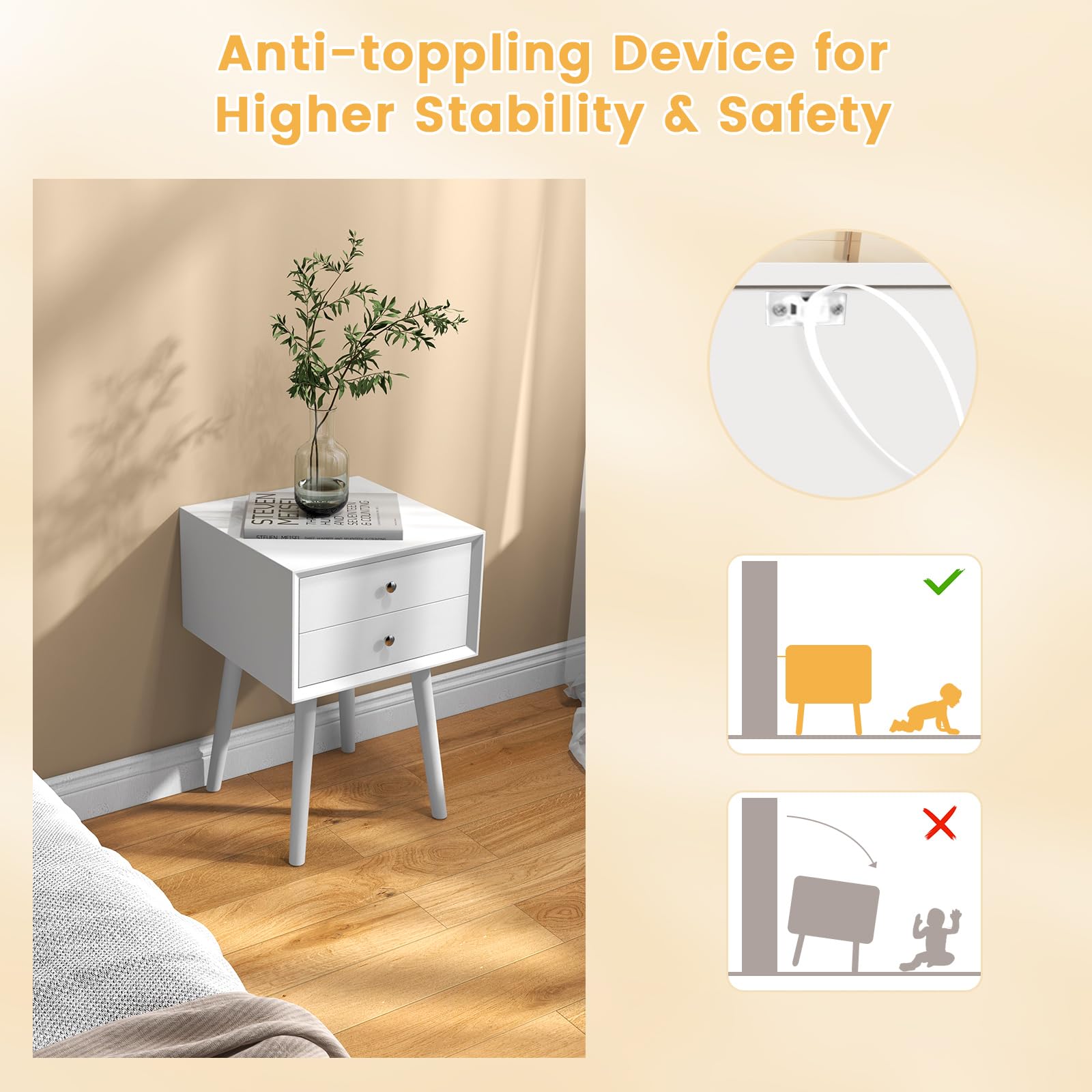 Giantex White Nightstand with 2 Drawers - Solid Wood Bedside Table for Bedroom & Living Room