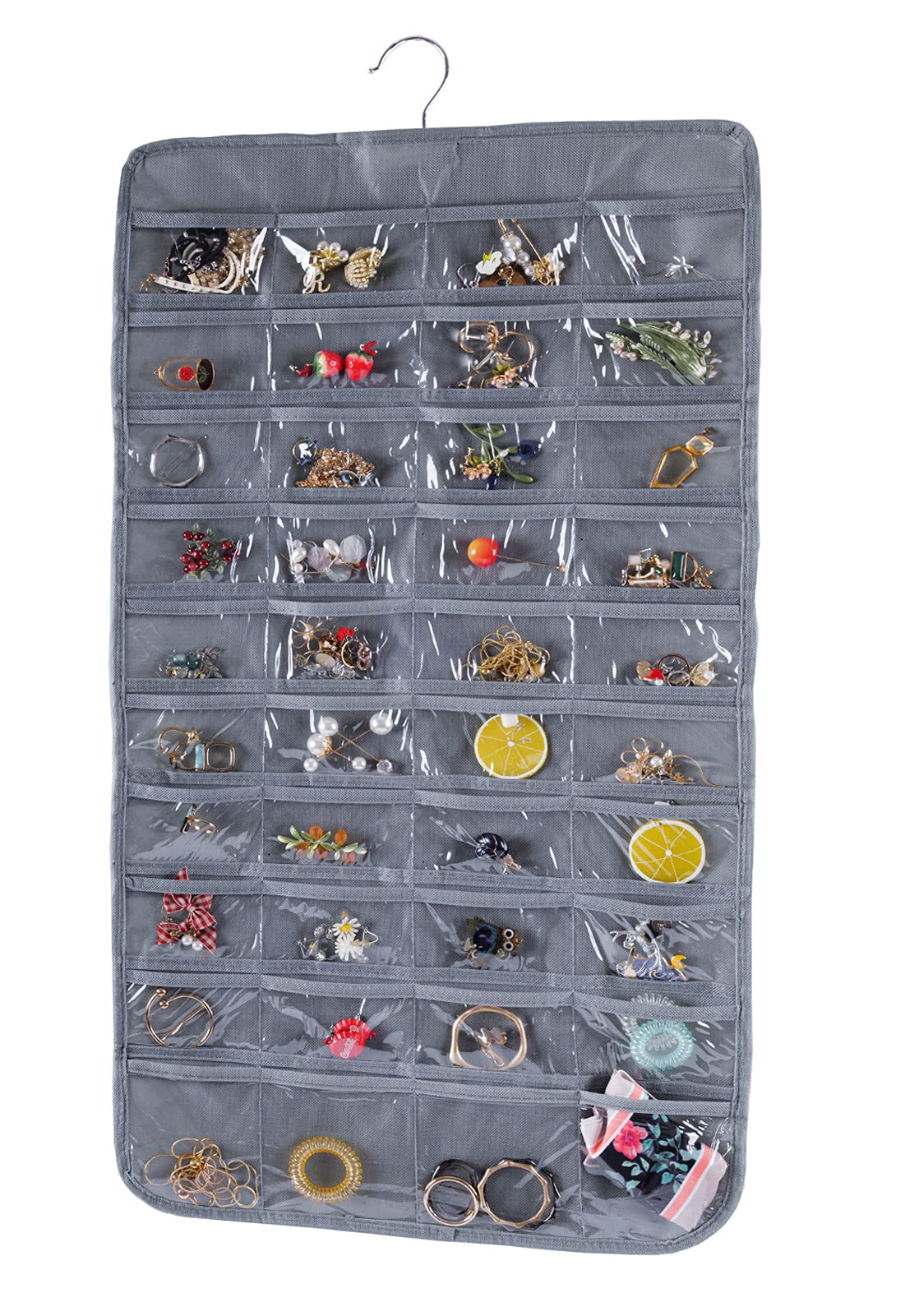 Double Sided 80 Pocket Jewelry Organizer - Bloss Hanging Jewelry Storage Bag with 2 Fabric Layers for Necklaces, Bracelets, Earrings, Rings & Knitting Tools | Perfect for Bedroom, Closet & Travel Organization (Black/Gray)