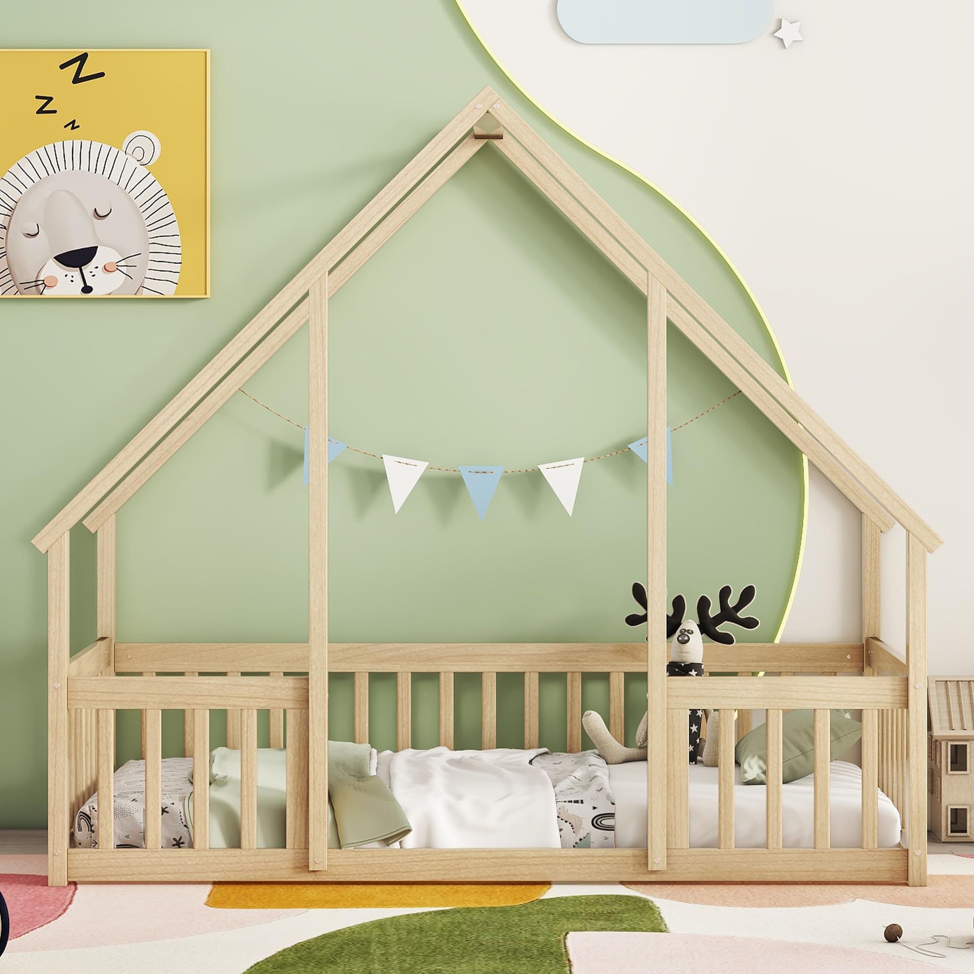 Bellemave Twin Size Wooden House Floor Bed Frame for Kids - Montessori Style with Safety Fence & Playhouse Design - Perfect for Boys & Girls Bedroom, Playroom or Montessori Classroom