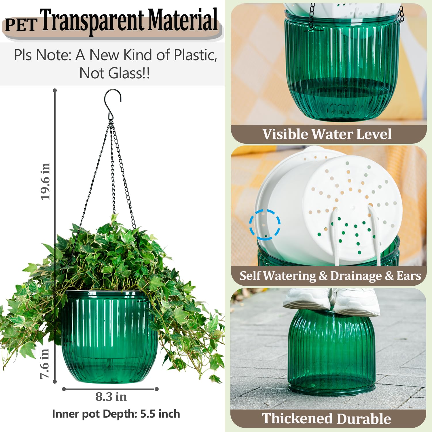 Melphoe 1 Pack Self Watering Hanging Planters - 8.3 Inch Indoor/Outdoor Flower Pots with Drainage Holes & 3 Hooks - Perfect for Garden, Balcony, Patio, and Home Decor