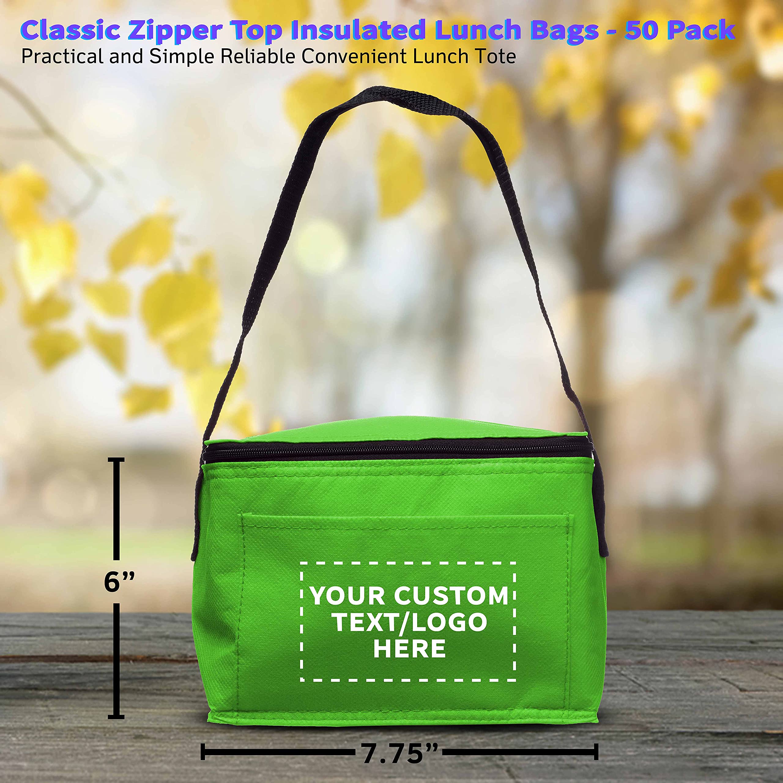 50 Pack Insulated Lunch Bags with Zipper Top - Custom Text & Logo Printing - Non-Woven Fabric, Vibrant Colors & Black Strap - Perfect for Office, School, Picnics & Meal Prep - Lime Green