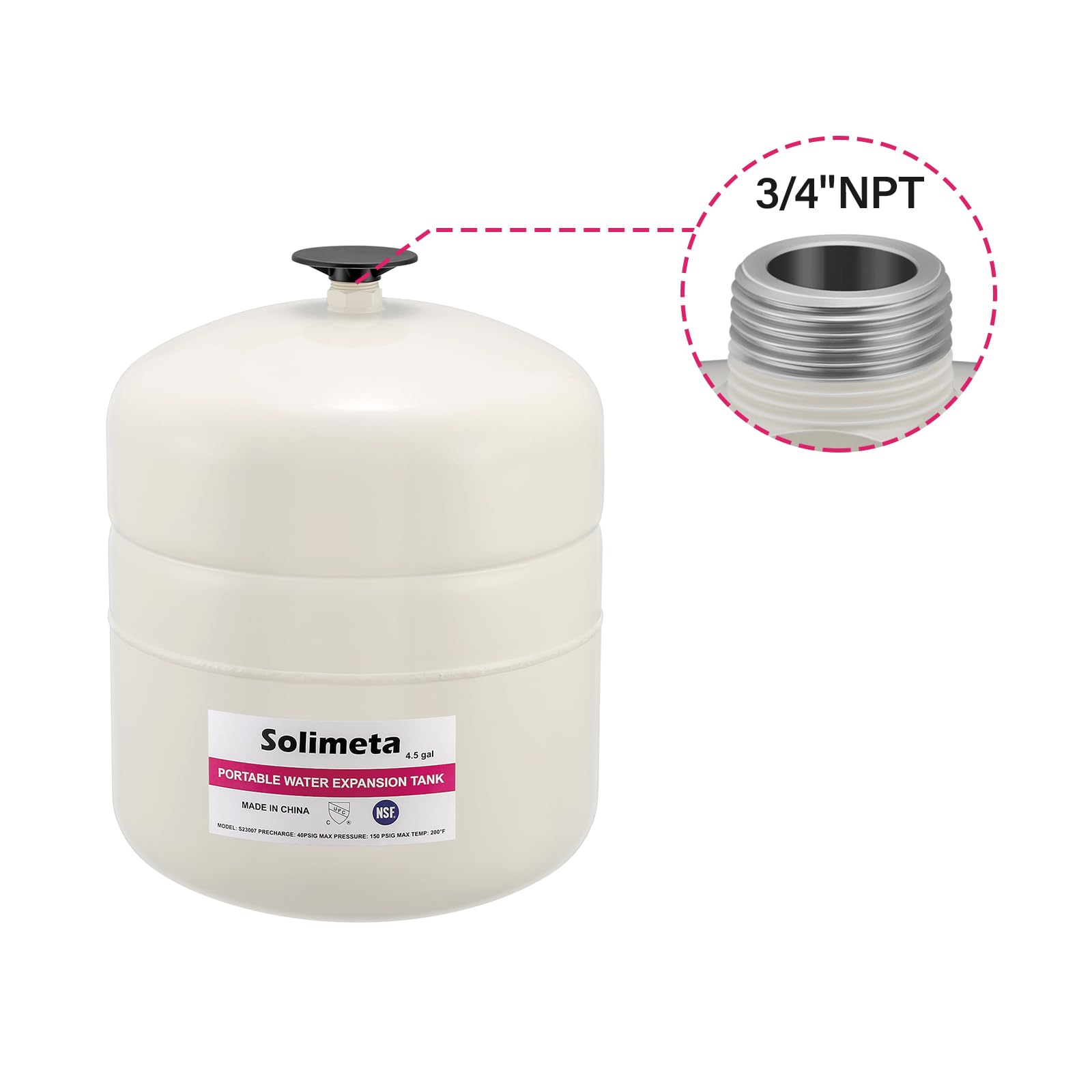 Solimeta 4.5 Gallon Thermal Expansion Tank for Water Heater - White Potable Water Expansion Tank | Prevents Pressure Buildup in Plumbing Systems | Ideal for Residential & Commercial Water Heaters