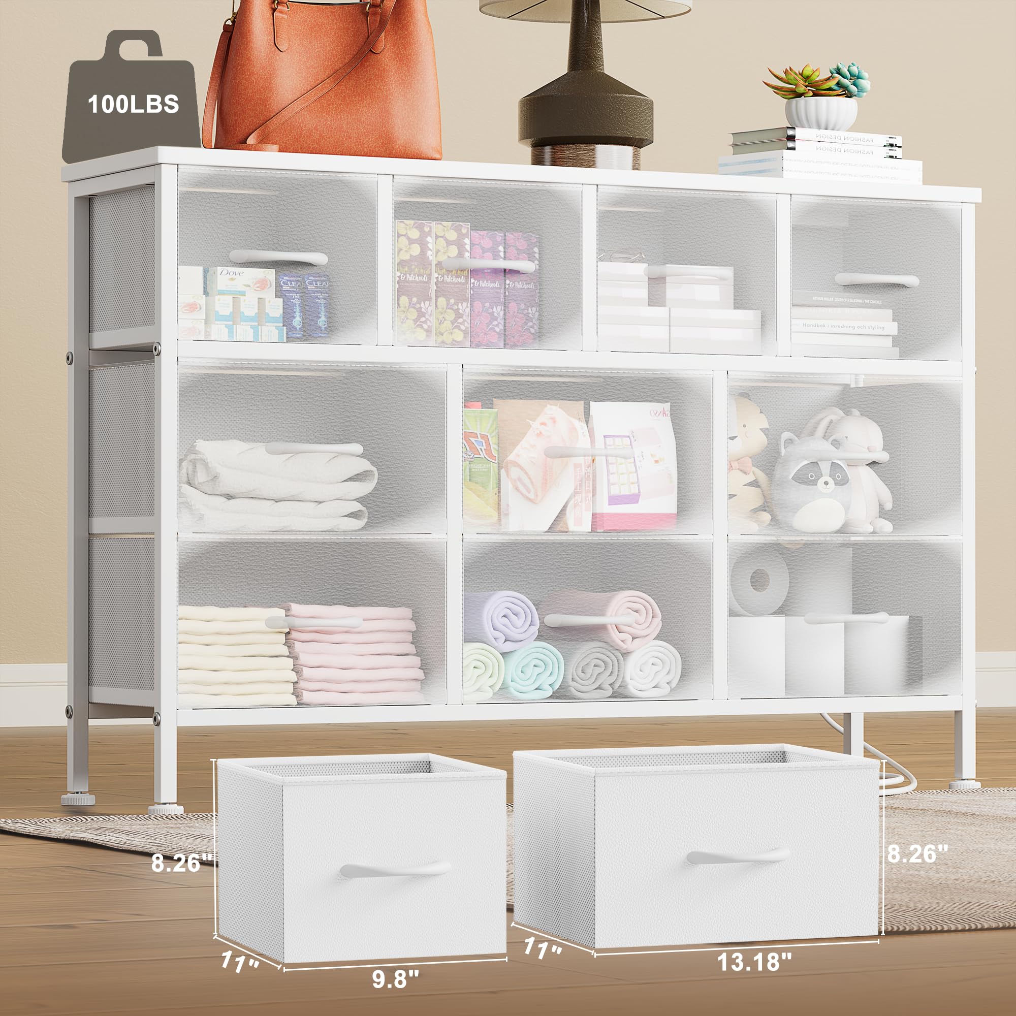 Lulive 10-Drawer White Dresser with Power Outlet - Bedroom Storage Organizer, TV Stand for 55