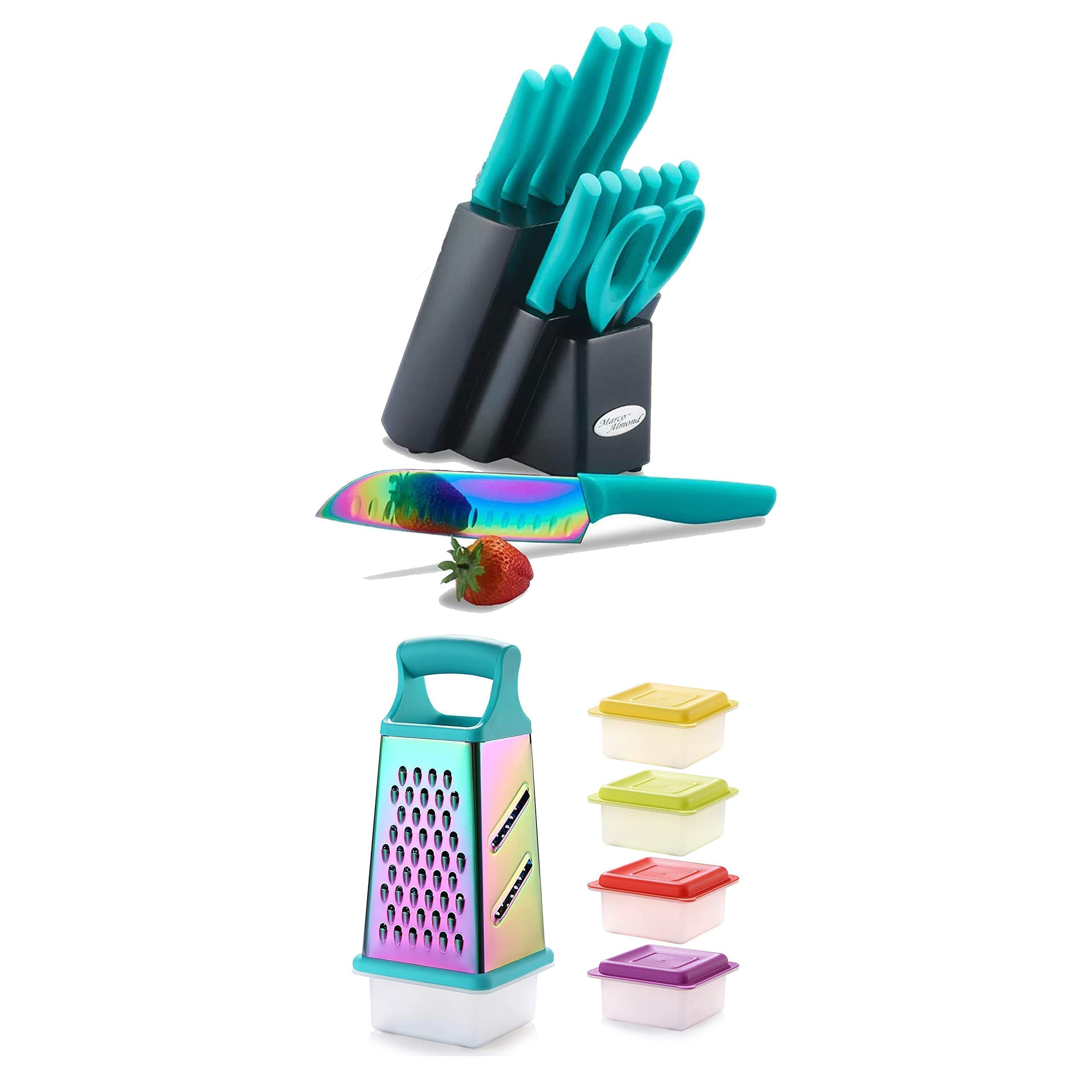 Rainbow Color Cutlery Knife Set - 5-Piece Professional Stainless Steel Kitchen Knives with Wooden Block & Box Grater | Perfect for Home Cooking, Food Prep & Gift Giving