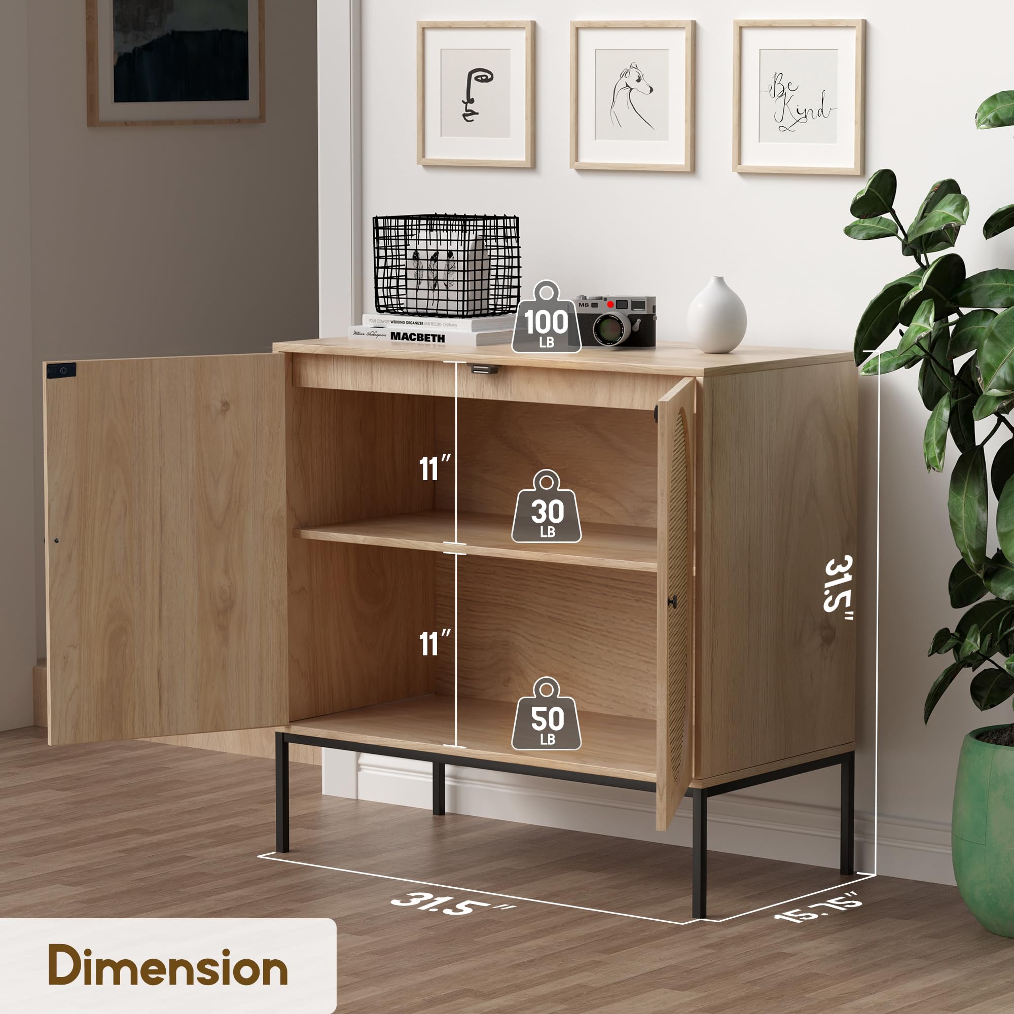 XIAO WEI Rattan Storage Cabinet with Doors - Modern Boho Farmhouse Accent Sideboard Buffet Cabinet with Metal Legs, Natural Finish - Perfect for Living Room, Hallway, Kitchen & Dining Room Storage & Decor