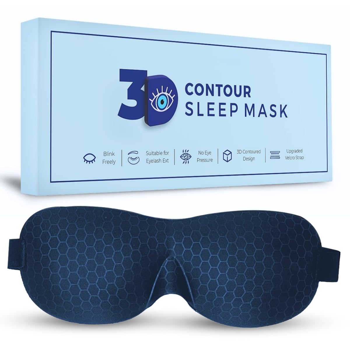 3D Contoured Sleep Mask for Side Sleepers & Travel - Soft Eye Cover with Velcro Closure for Eyelash Extensions | Light Blocking, Concave Molded Design | Perfect for Airplane, Nap & Night Sleep (Blue)