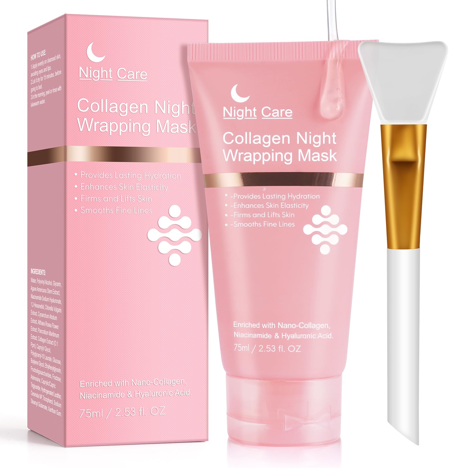 Collagen Night Wrapping Mask | Overnight Hydrating Peel Off Face Mask for Skin Firming & Elasticity Boost | 2.54 fl.oz with Brush Included | Perfect for Nighttime Skincare Routine & Anti-Aging Treatment