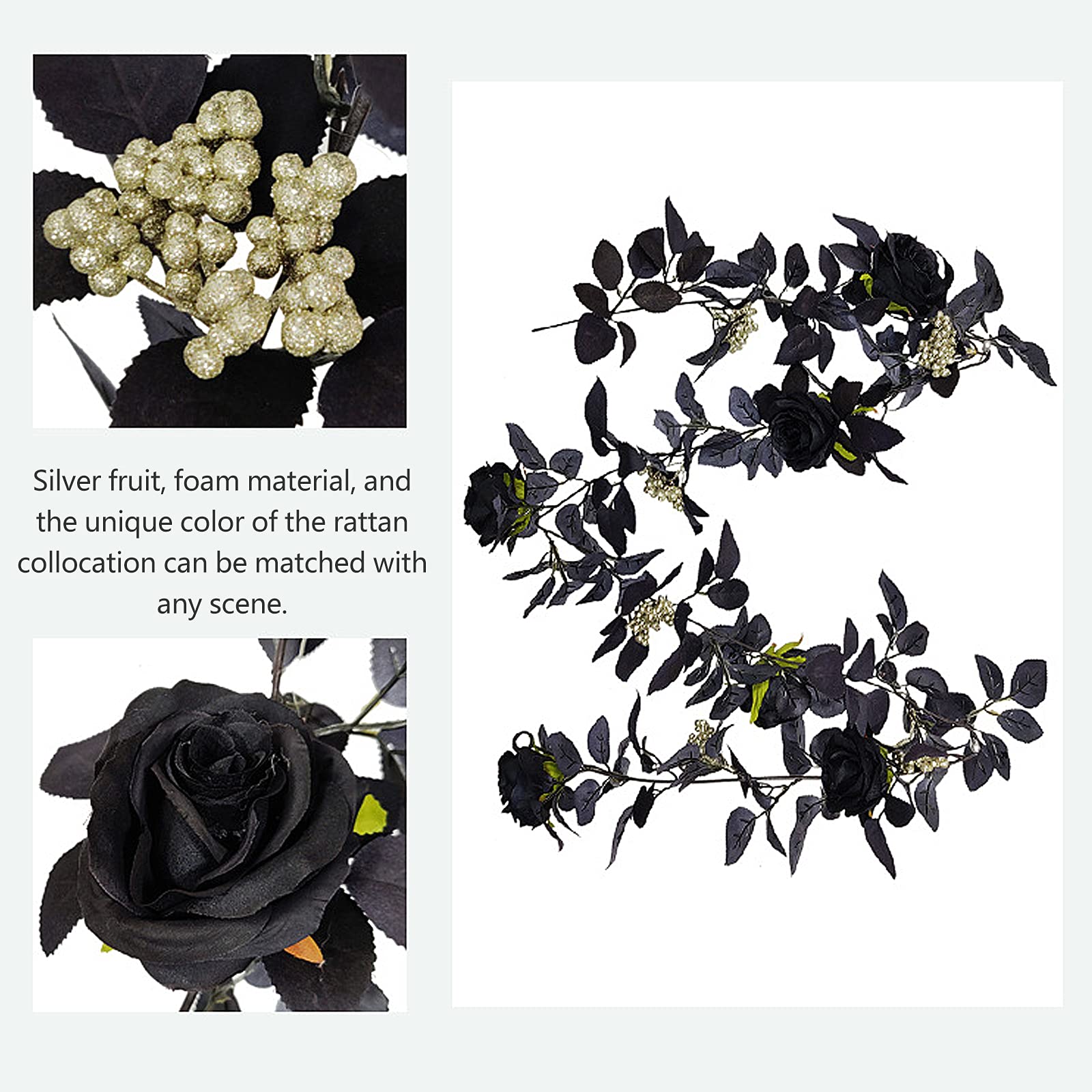 180cm Artificial Black Rose Vine with Berries - Halloween Hanging Flower Garland for Table Centerpiece, Fireplace Decor, Door Frame Backdrop - Perfect for Gothic Weddings, Spooky Party Decorations & Home Halloween Displays