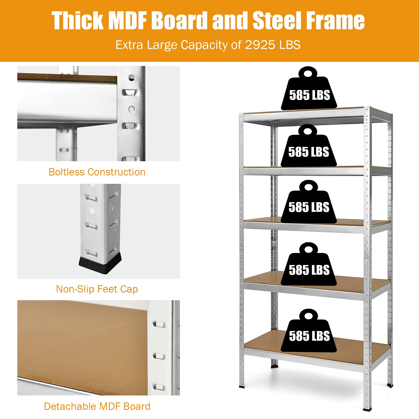 Tangkula 72 Inch Heavy Duty 5-Tier Metal Storage Shelves - Steel Frame Garage Shelving Unit for Home, Office, Dormitory, Warehouse & Garage Organization (Silver) - Perfect for Storing Tools, Books, Supplies & Seasonal Items