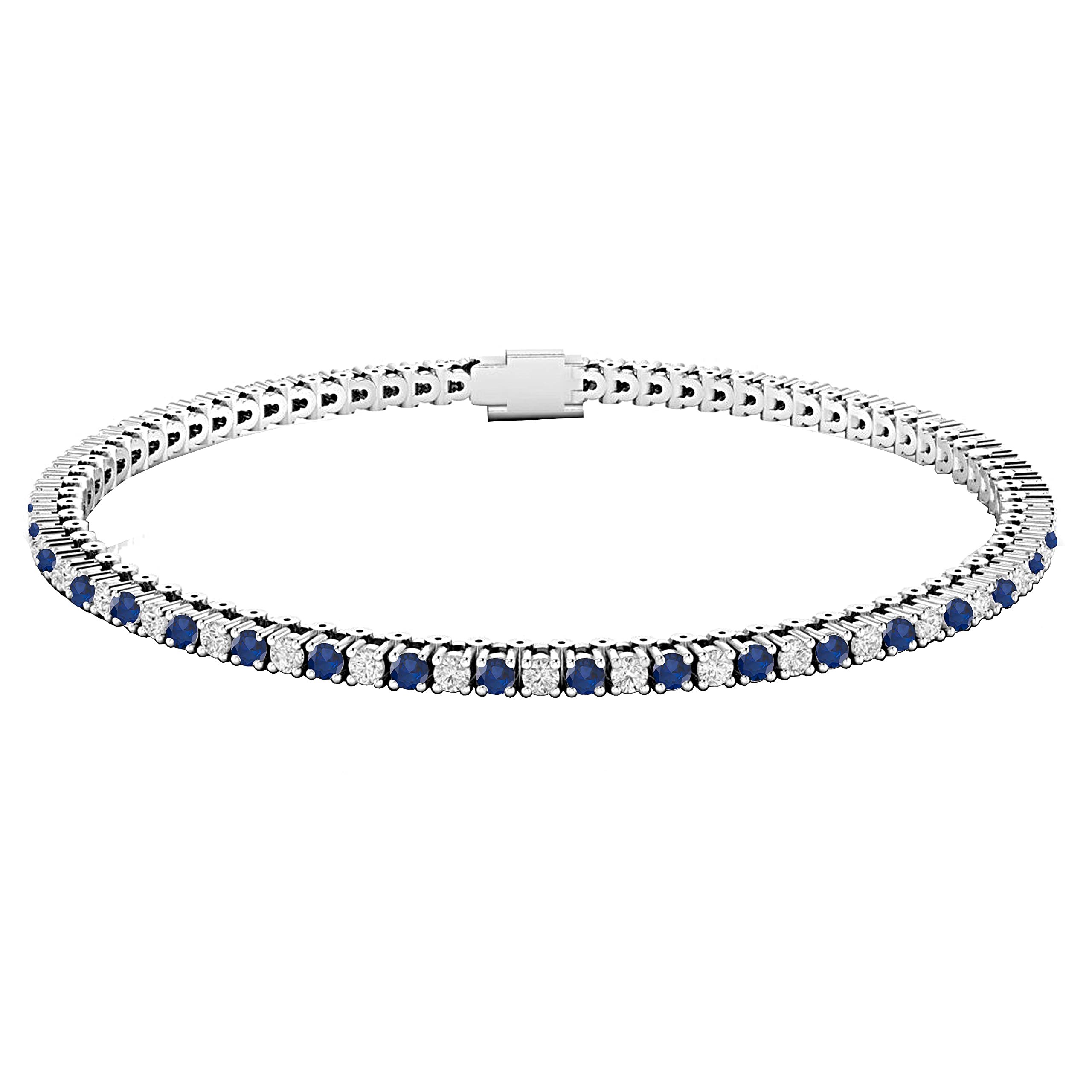 Dazzlingrock Round Cut Genuine Blue Sapphire & White Diamond Tennis Bracelet for Women - 14K Solid White Gold - Perfect for Weddings, Anniversaries & Special Occasions