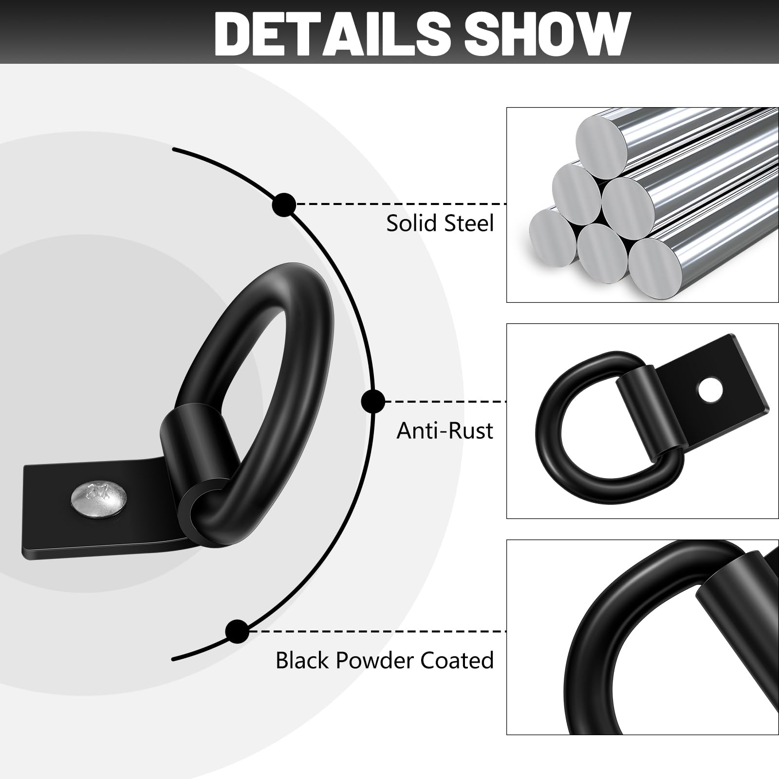 Garini 6Pcs Heavy Duty Black D Ring Tie Down Anchors with Screws - Surface Mount Hooks for Securing Cargo in Trailers, Truck Beds & Deliveries | Perfect for Transporting Furniture, Equipment & Heavy Loads