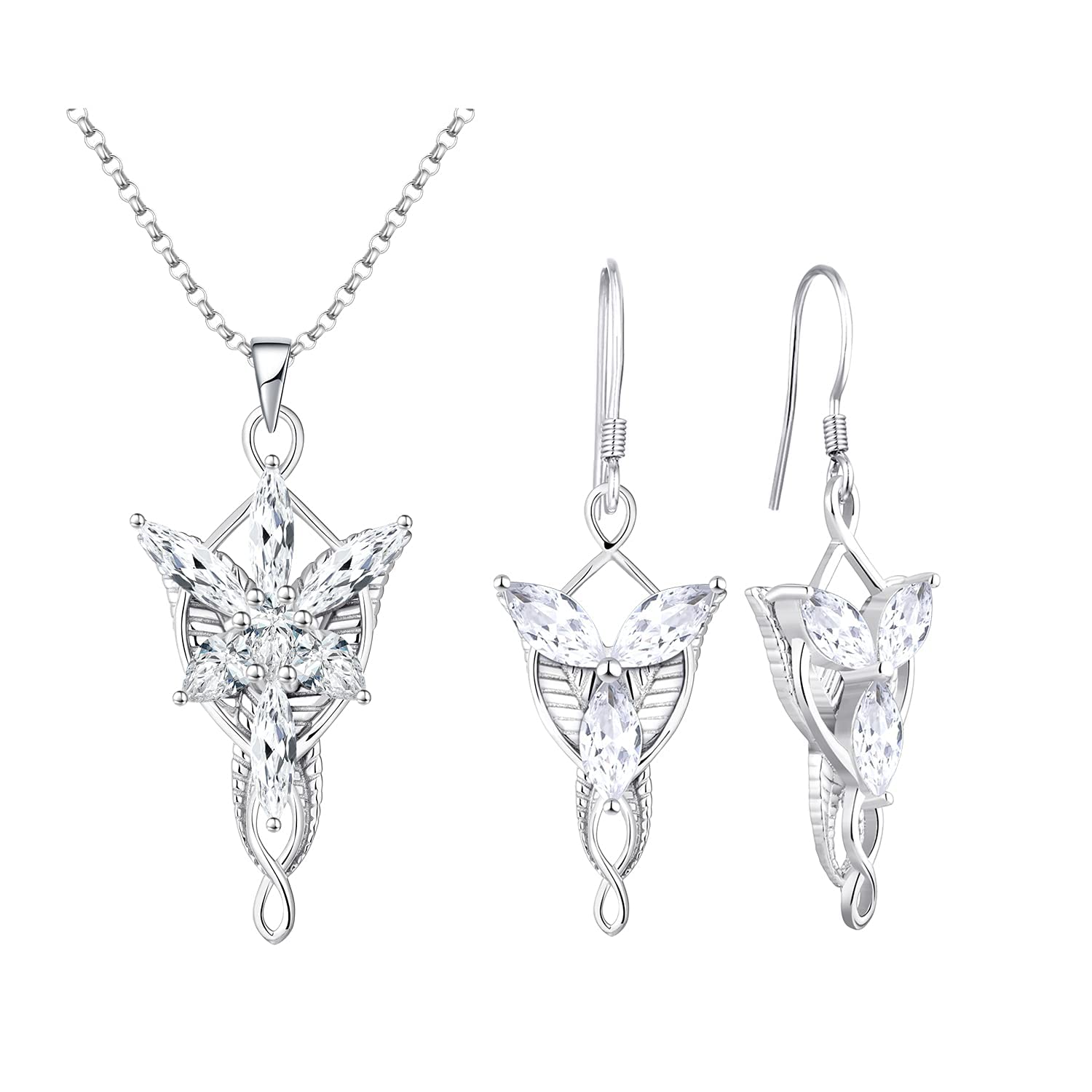 JO WISDOM 925 Sterling Silver 5A Cubic Zirconia Leverback Dangle Earrings Set with Necklace - Elegant Elvish Jewelry for Women, Perfect for Weddings, Parties & Special Occasions
