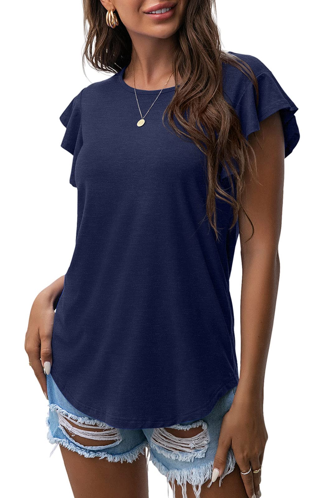 PrinStory Women's Summer Knit Shirts - Casual Short Sleeve Ruffle Top with Round Neck, Tunic Tank Tops & Tee Blouse for Women | Perfect for Beach Outings, Date Nights & Summer Vacations