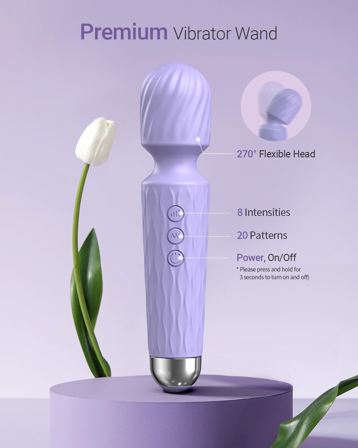 Powerful Waterproof Vibrator Wand - 8 Speeds & 20 Patterns G-Spot & Clit Stimulator for Women - Adult Sex Toy for Couples Play, Solo Pleasure & Sensual Massage (Light Purple)