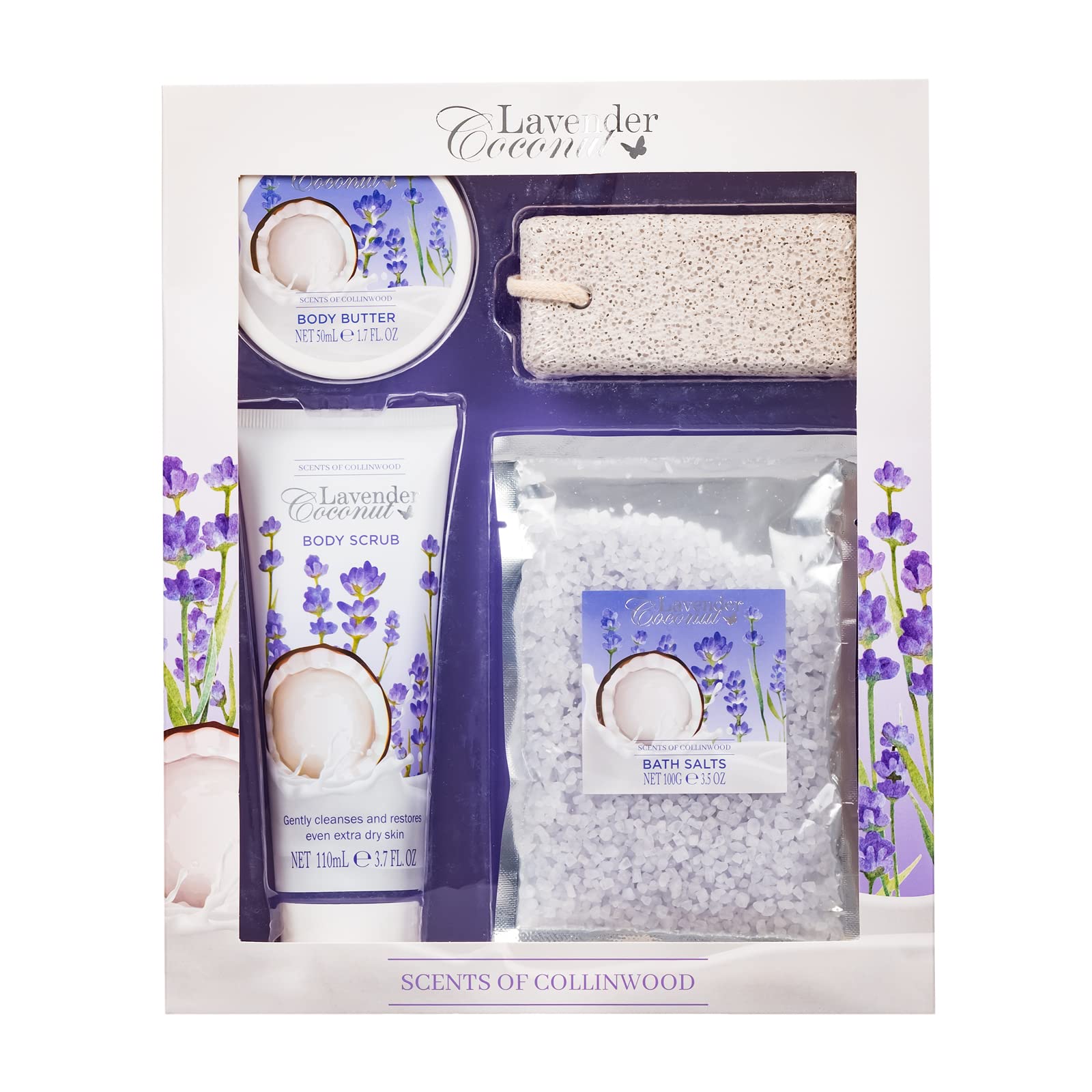Scents of Collinwood - 4 Piece Lavender Coconut Scented Bath Gift Set for Women - Body Scrub, Body Butter, Bath Salts & Pumice Stone - Spa & Relaxation at Home - Purple