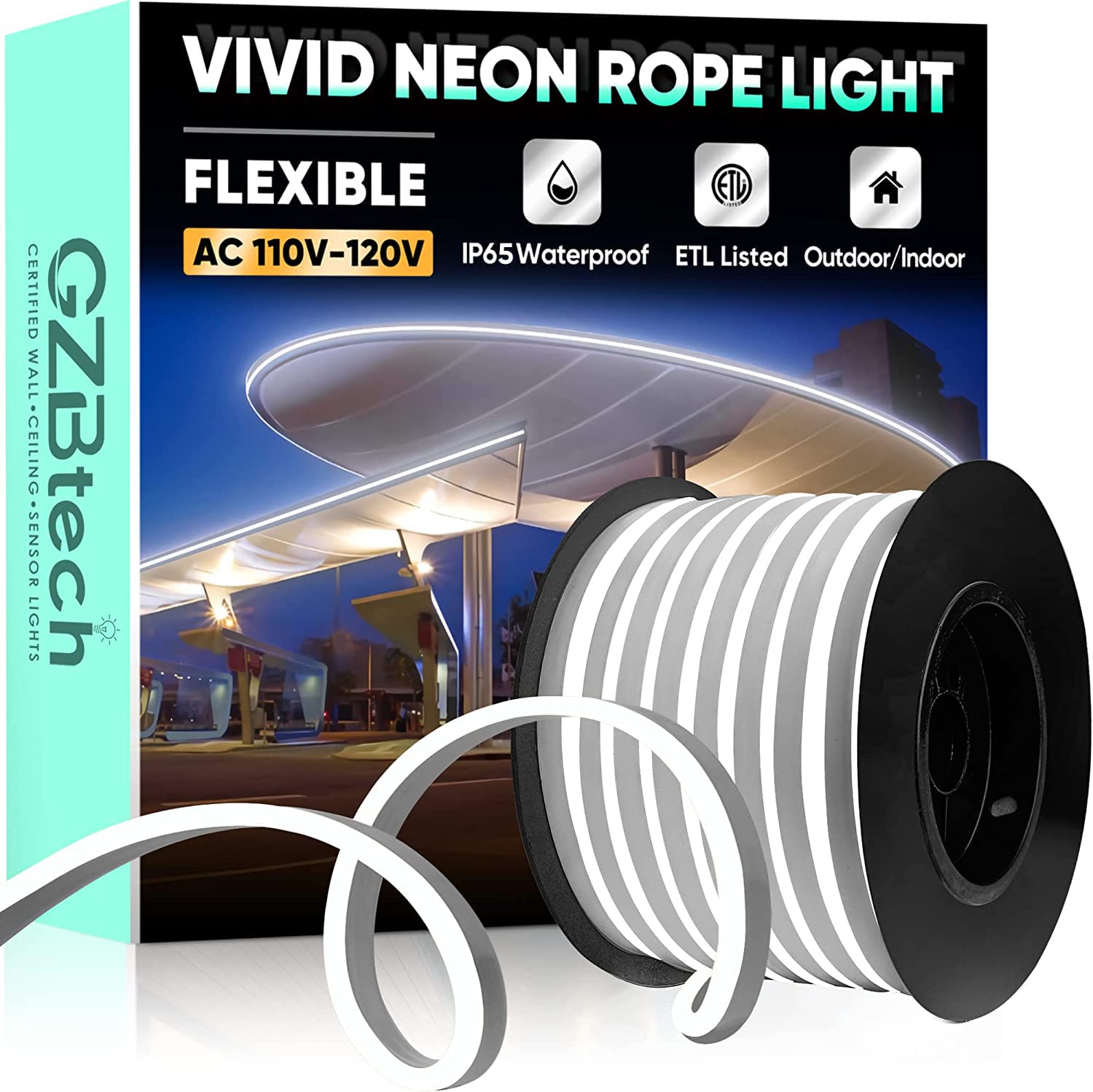 GZBtech 66FT Flexible LED Neon Rope Lights - 120V Waterproof Neon Strip Lighting with 120 LEDs/M (Cuttable & Connectable) for Indoor/Outdoor Decor - Perfect for Bedroom, Bar, Wedding & Commercial Signage - Cold White 20M