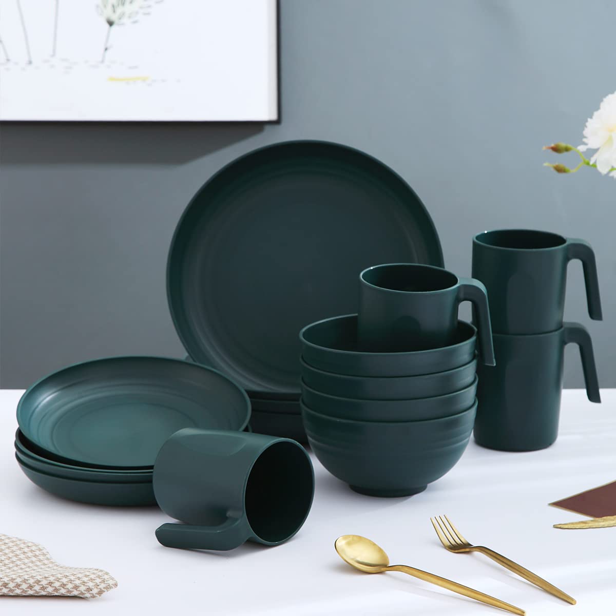 Kyraton 16-Piece Unbreakable Polypropylene Dinnerware Set - Shatterproof, Microwave & Dishwasher Safe BPA-Free Plates, Bowls & Cups - Perfect for Outdoor Dining, Camping, Picnics & Everyday Use (Dark Green)