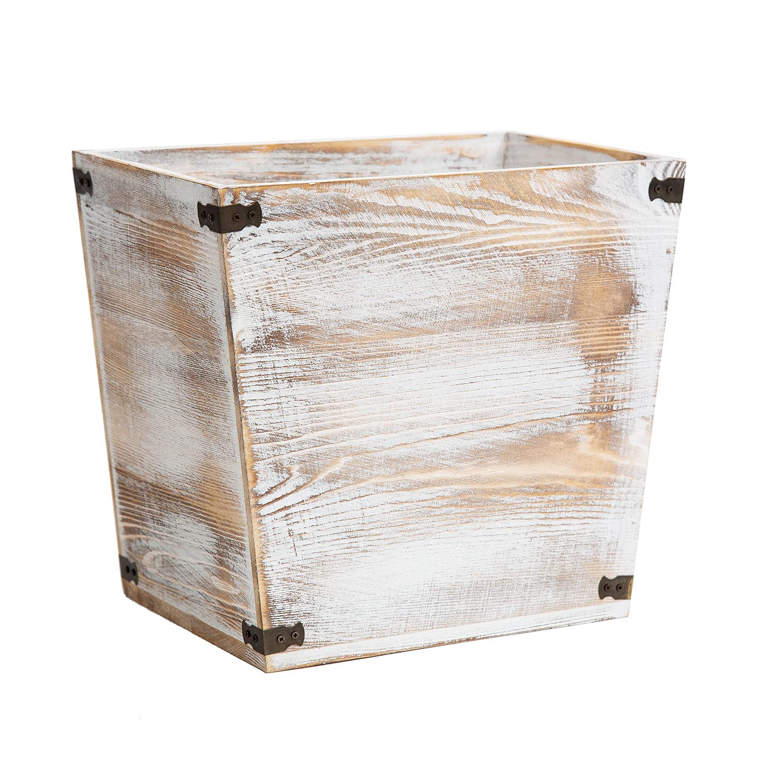 VERGOODR Grey Farmhouse Style Torched Wood Trash Can with Decorative Metal Brackets - Rustic Waste Bin for Bedroom, Living Room, Bathroom & Office - Washed White Finish - Perfect for Home Decor, Kitchen & Outdoor Use