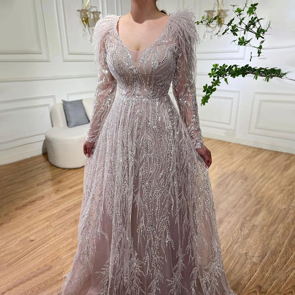 Serene Hill Muslim Beige A-Line Beaded Feathers Luxury Dubai Long Evening Dress Gown 2025 for Women - Wedding, Party, Formal Occasions - LA72172