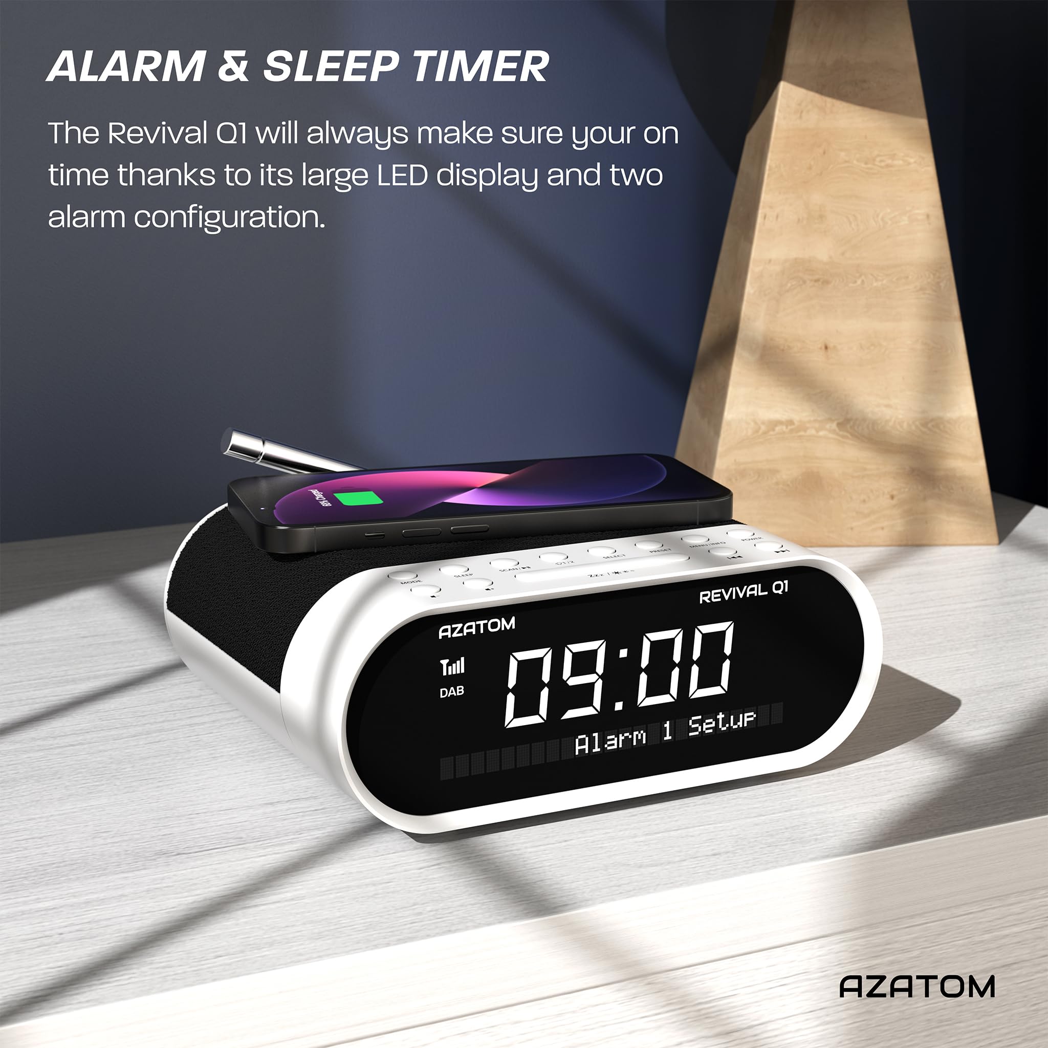 AZATOM Revival Q1 White DAB+ Digital FM Clock Radio with Bluetooth, Dual Alarm, Wireless Charging, Sleep Timer - Bedroom Alarm Clock with USB/AUX Ports for Phones & Headphones | Perfect for Home, Office, Nightstand Use