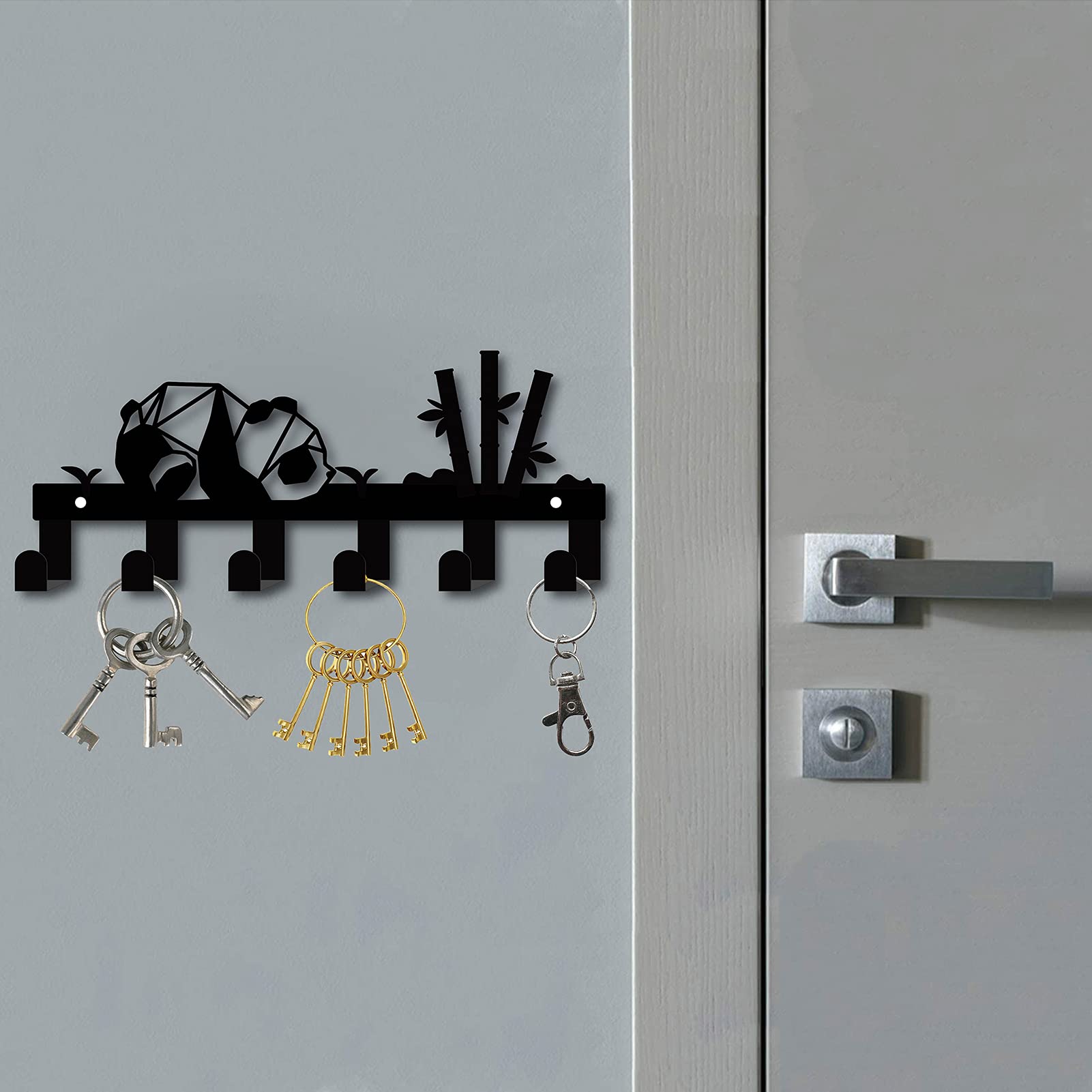 CREATCABIN Metal Key Holder with 6 Hooks - Wall Mount Key Organizer, Black Iron Hanging Decor for Entryway, Cabinet & Home - Panda Bamboo Design (10.6 x 4.3 Inch) - Perfect Housewarming Gift for Organizing Keys, Hats & Towels