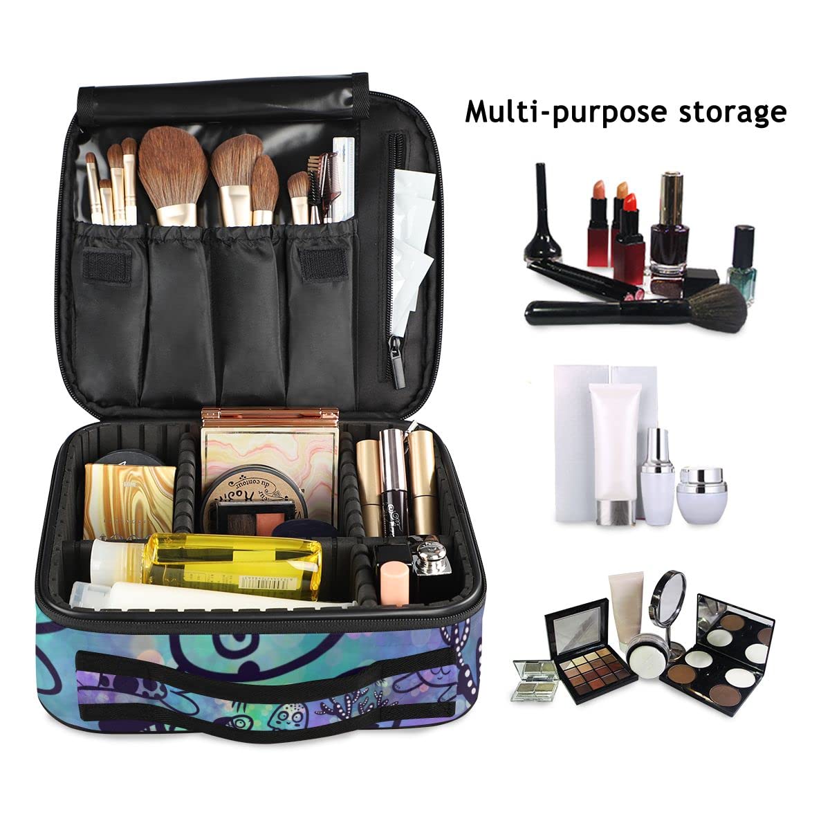 Mermaid & Cats Jellyfish Fish Makeup Bag Organizer - Travel Cosmetic Train Case with Dividers for Women & Girls - Perfect for Travel, Gym, and Daily Makeup Storage