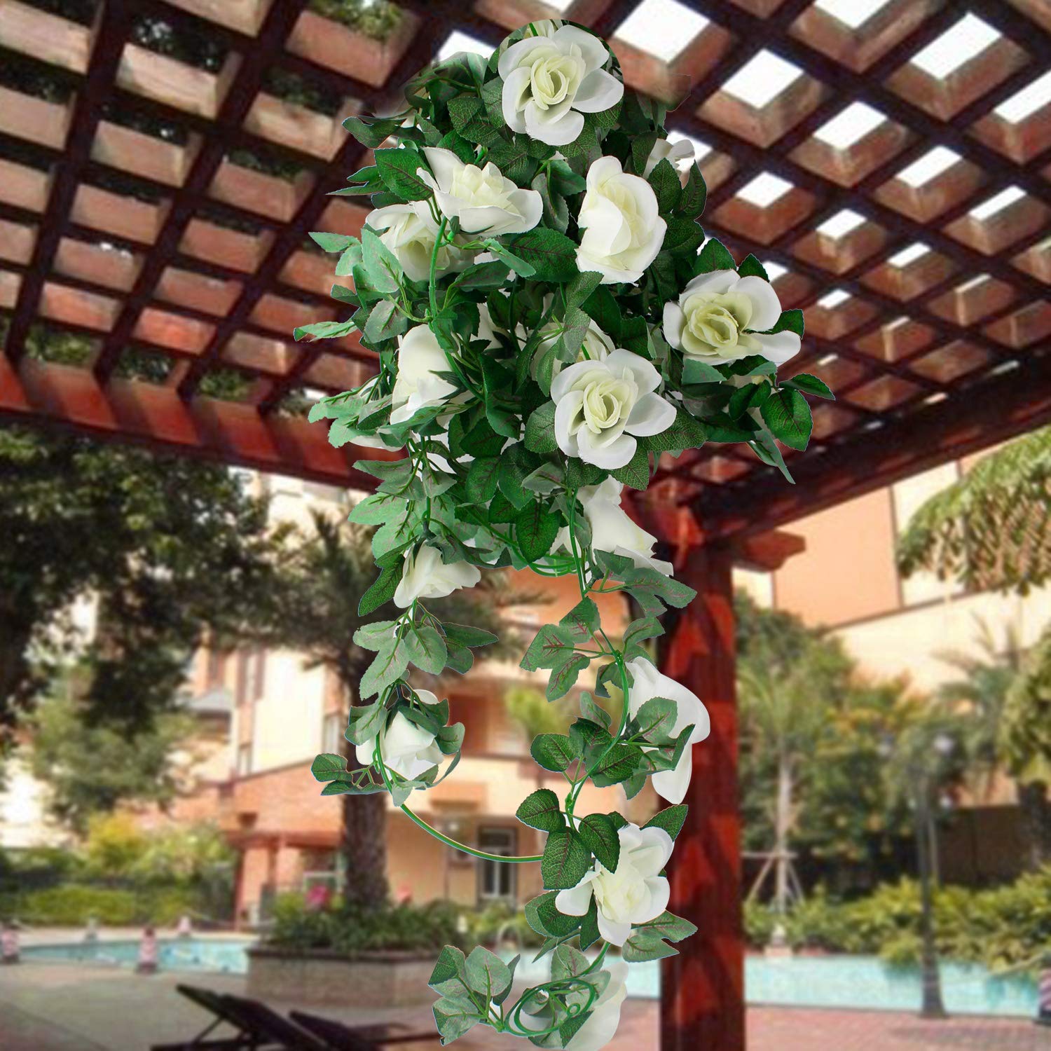 16 FT Artificial Rose Vine Garland - Fake Hanging Flowers for Home, Hotel, Office, Wedding & Party Decor (White, 2 Pack) - Perfect for Indoor/Outdoor Garden, Wall & Ceiling Decoration
