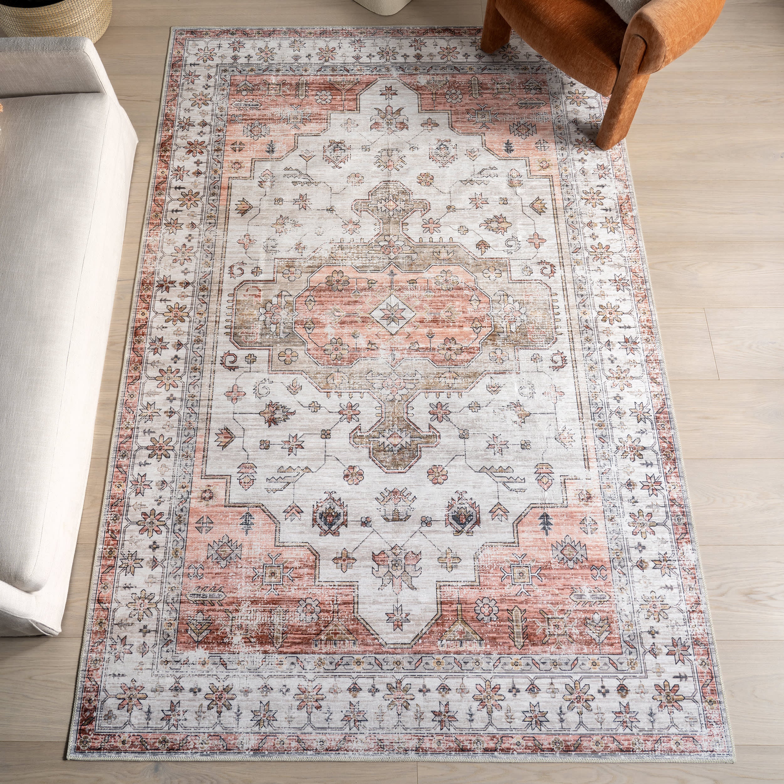 Francis Cartouche Medallion Spill Proof Washable Rug - Beige Non-Slip Area Rug for Living Room, Bedroom & Kitchen | Stain Resistant & Easy Clean Home Decor