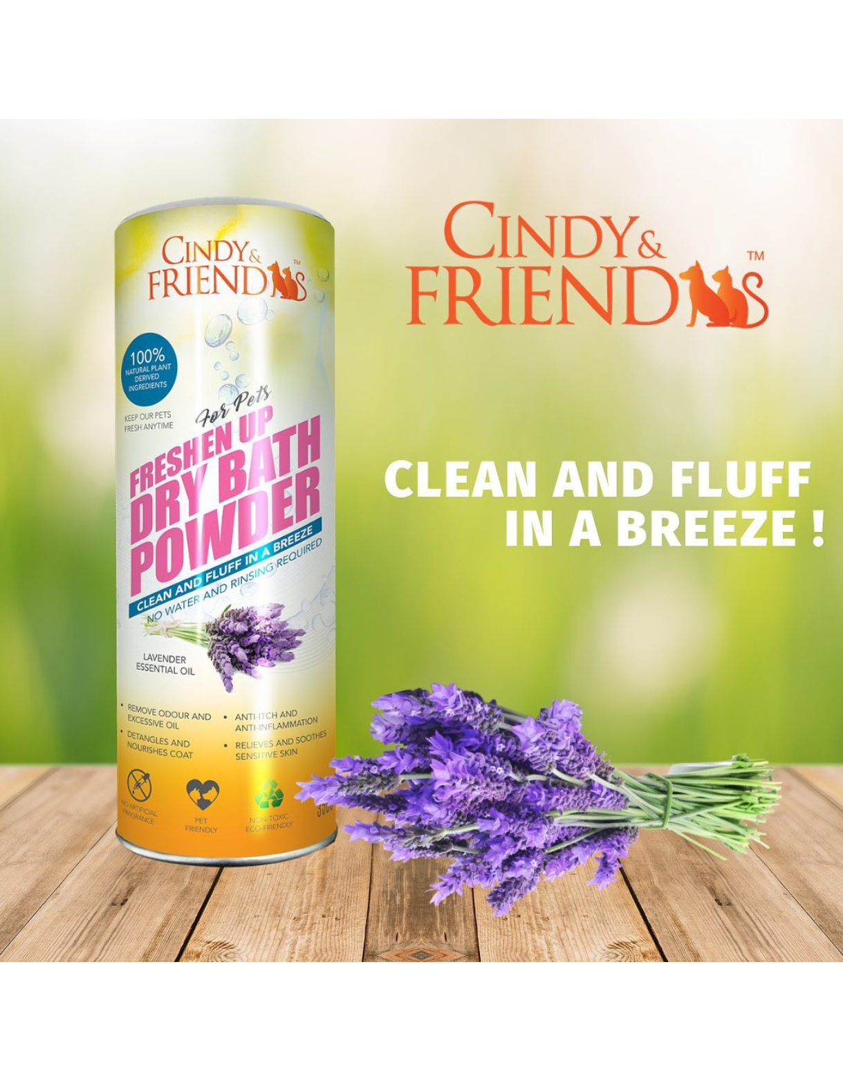 Cindy & Friends Lavender Dry Bath Powder for Dogs & Cats - 350g | Waterless Shampoo for Quick Cleaning, Odor Control & Fresh Scent | Perfect for Travel, Grooming & Between Baths