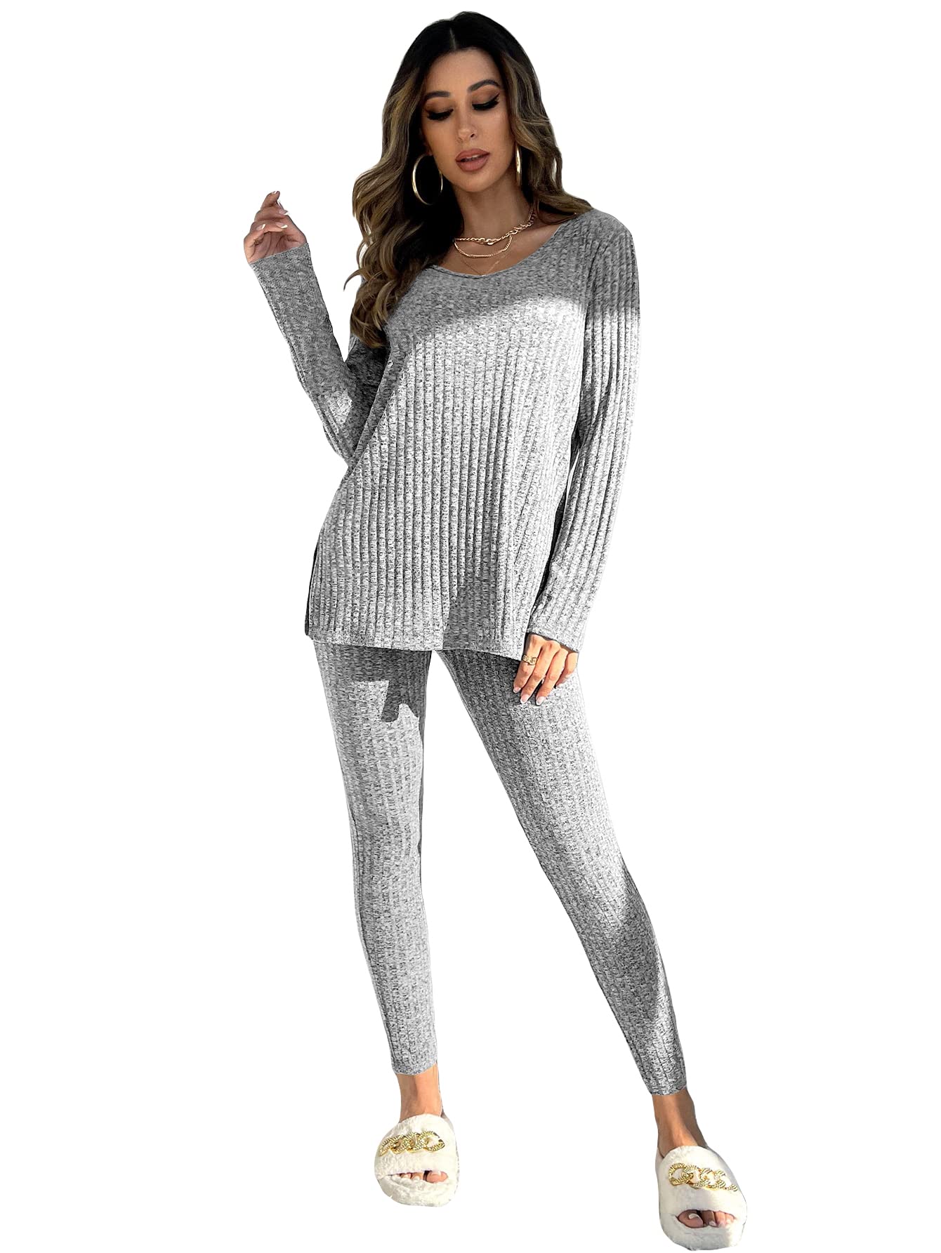 WDIRARA Women's 2-Piece Lounge Set - Ribbed Knit Pajamas for Sleep & Relaxation
