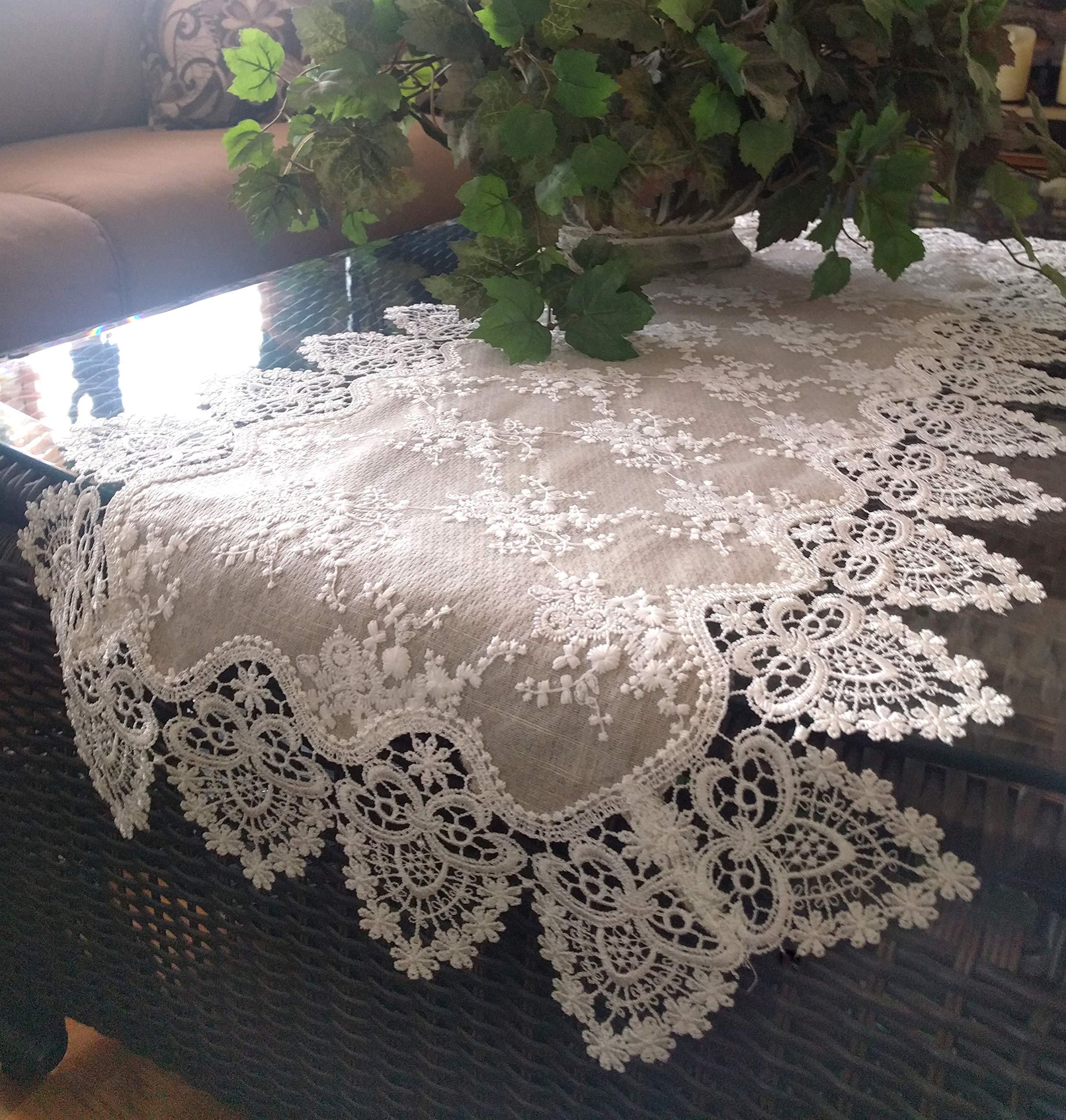 Giovanni Lace Dresser Scarf & Table Runner - 56 Inch Burlap Doily in Neutral Tones (Taupe/Antique Ivory) - Victorian Style Home Decor for Dressers, Dining Tables & Wedding Centerpieces