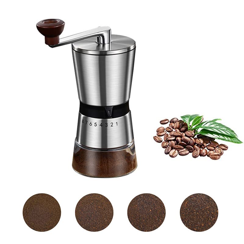 Premium Manual Coffee Grinder - Stainless Steel with Ceramic Burr, 8 Adjustable Coarseness Settings, Portable Hand Crank Coffee Bean Mill for Espresso, French Press, Cold Brew - Perfect for Home, Office & Camping (Silver)