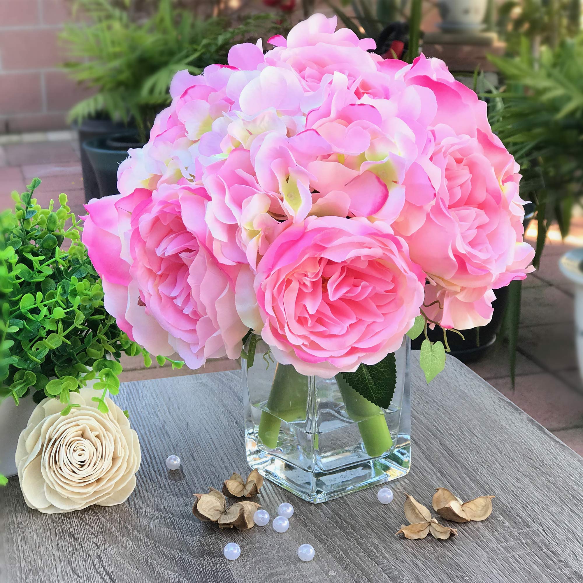 Enova Home Artificial Silk Peony & Hydrangea Flower Arrangement in Clear Glass Vase - Elegant Wedding & Home Decor (Pink) | Perfect for Centerpieces, Table Decorations & Living Room Accents