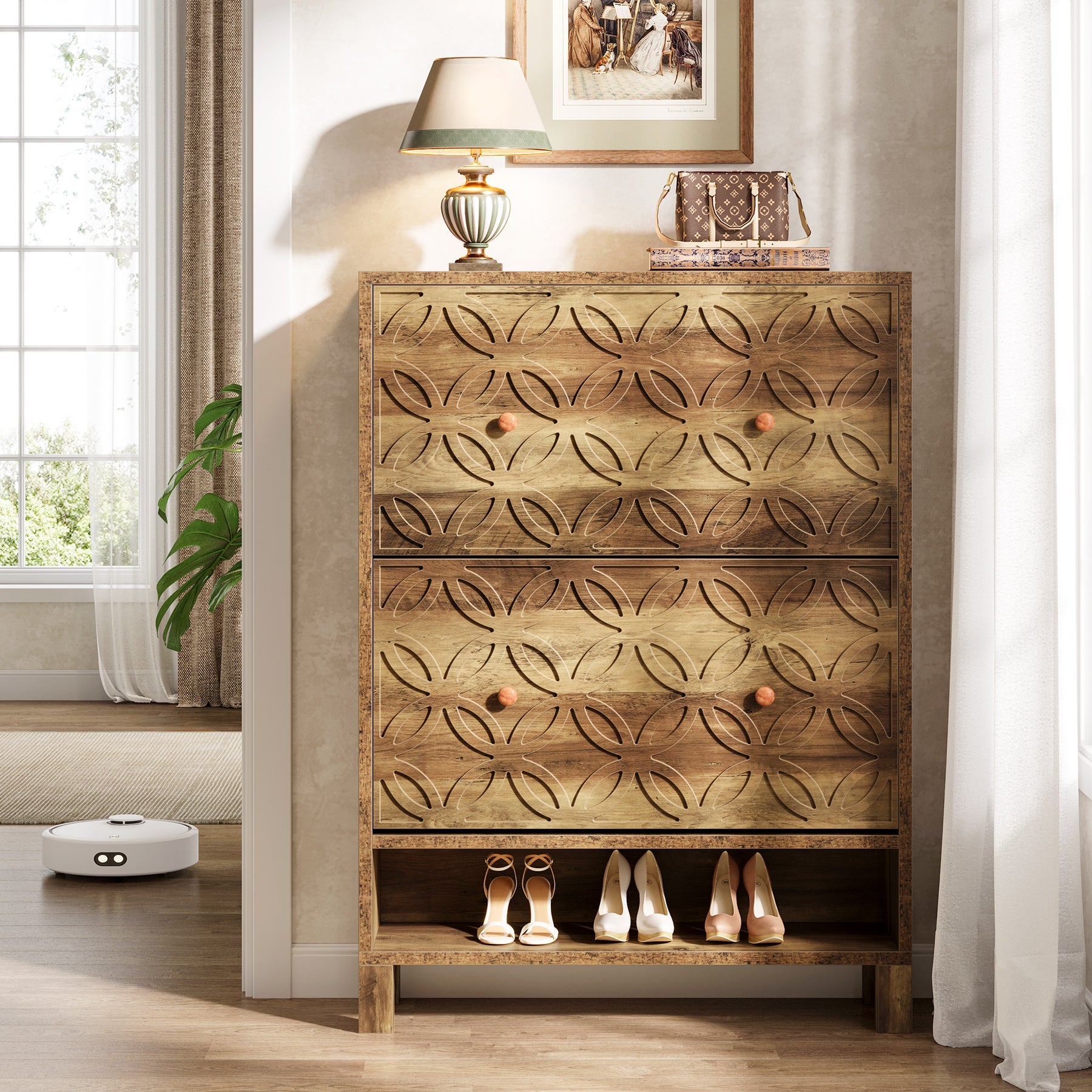Rustic Wooden Shoe Cabinet with 2 Flip-Up Drawers - Space Saving Entryway Shoe Organizer for Hallway, Closet & Mudroom Storage