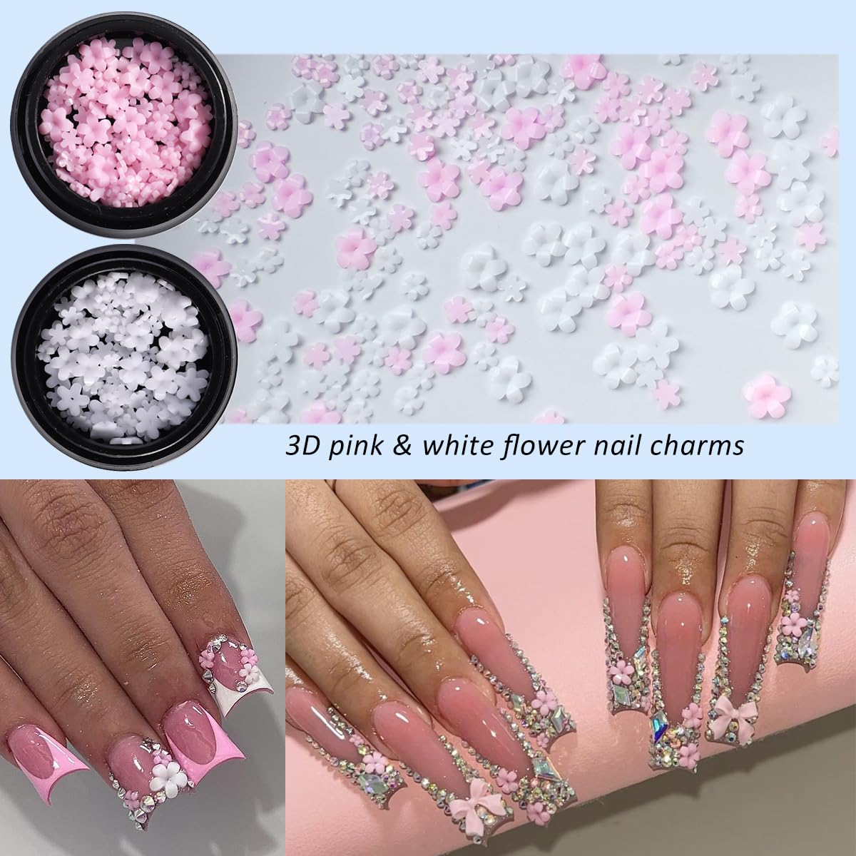 3D Nail Art Rhinestones Set - Half Round Pearl Beads, Flatback White Crystals & Flower Charms with Bow Decorations | Professional Nail Gems Kit with Picker Pencil | Perfect for DIY Manicures, Salon Nail Designs & Special Occasion Nail Art