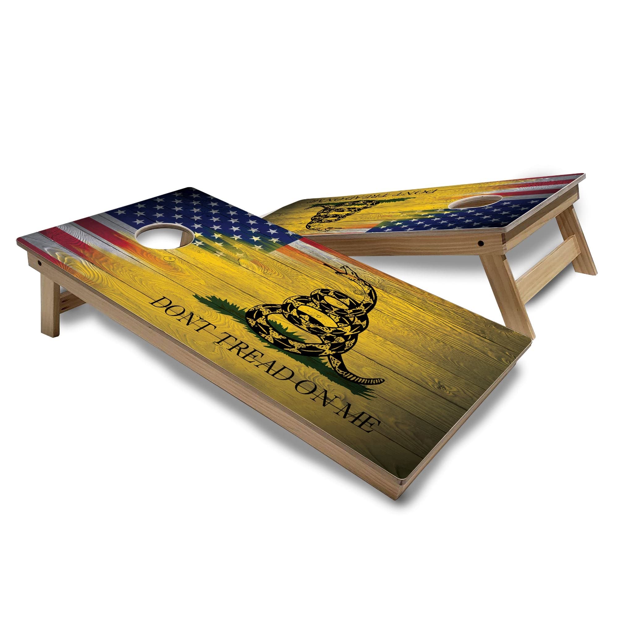 Gadsden & USA Flag Regulation 2x4 Corn Hole Board Game Set - Includes 2 Boards, 8 Bags & Accessories for Outdoor Parties, Tailgating & Backyard Fun