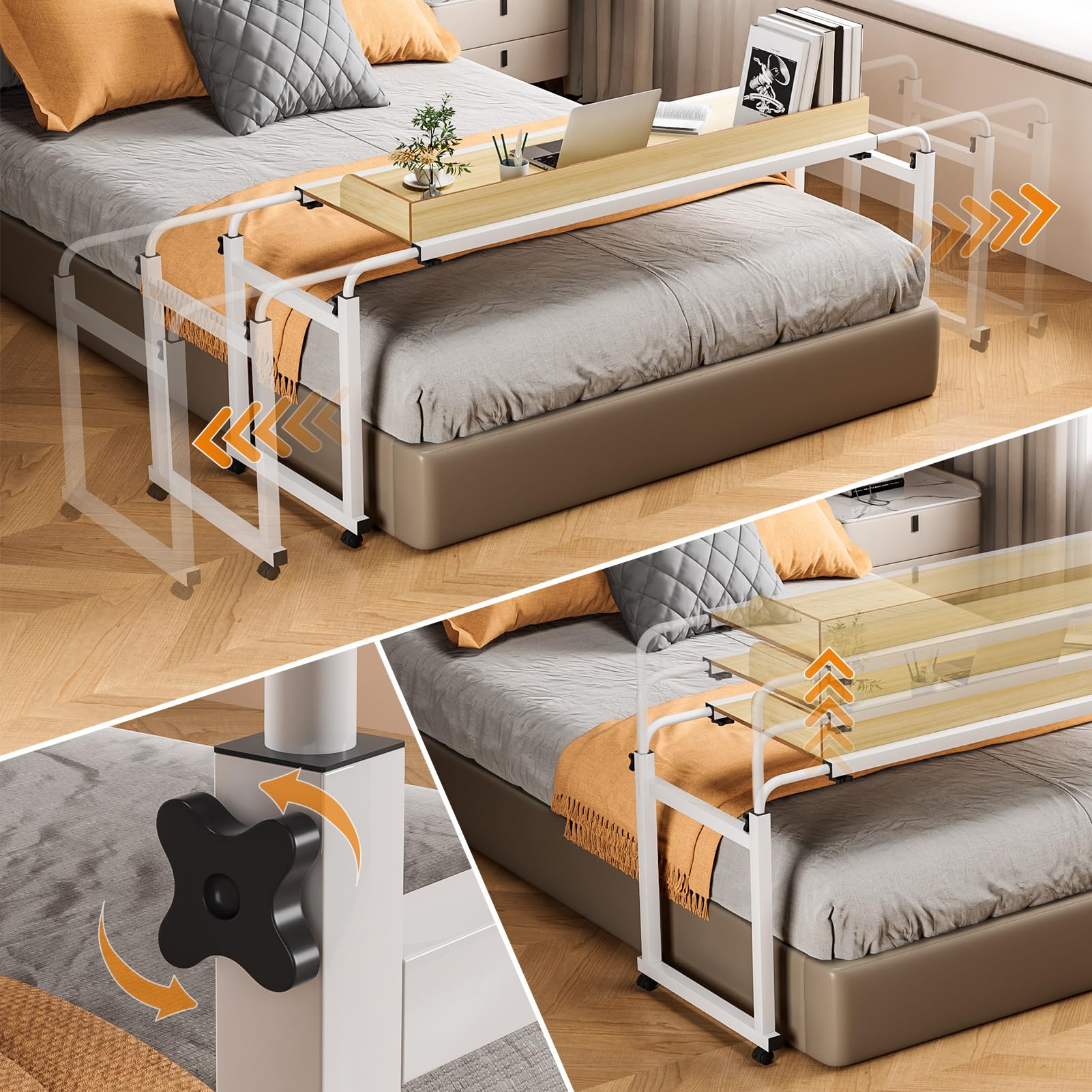 Adjustable Over Bed Table with Wheels - Rolling Laptop Cart & Standing Workstation for Home Office, Hospital & Living Room - Mobile Tray Table with Metal Legs (Wooden Finish) - Perfect for Bedridden Patients, Remote Work & Meal in Bed