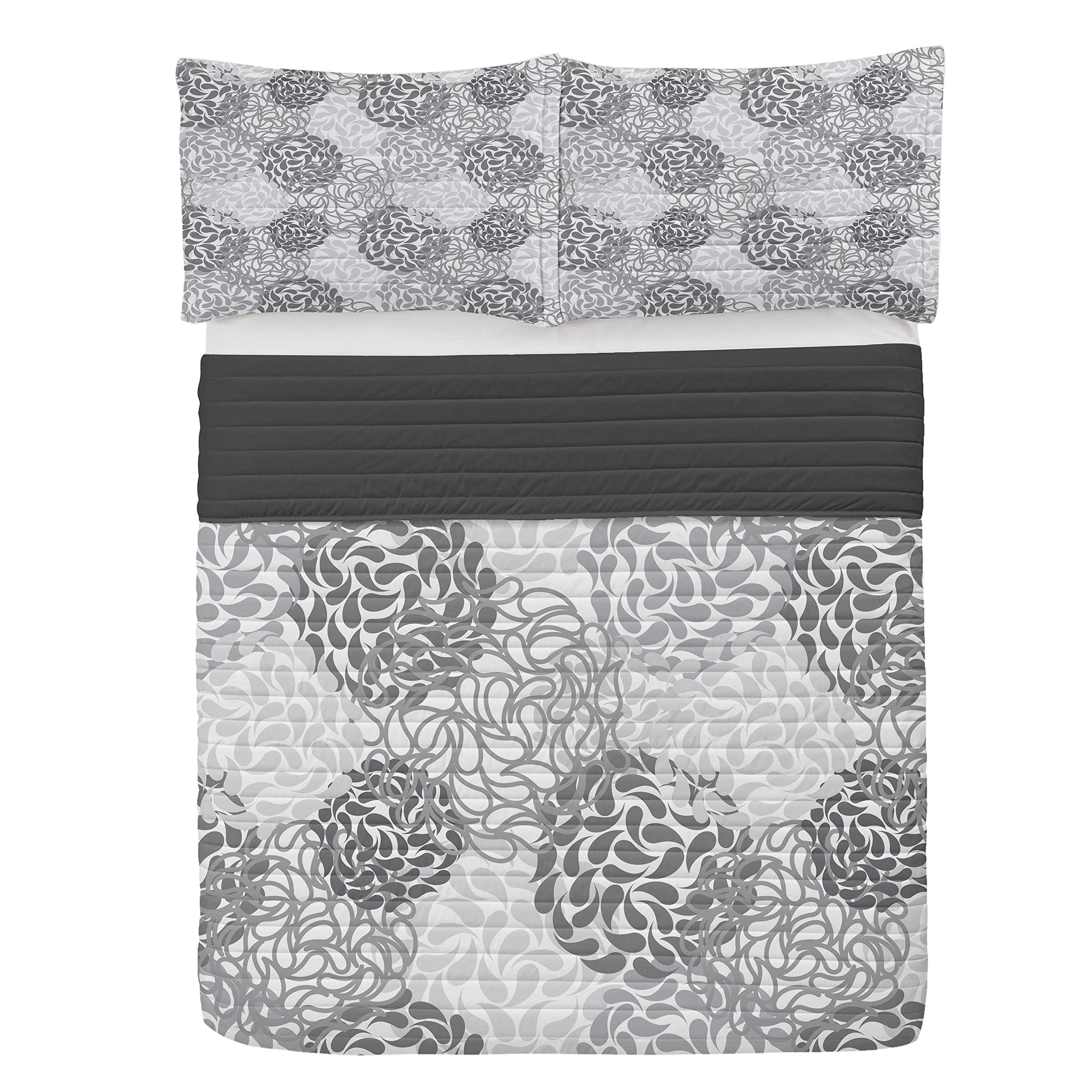Lunarable Floral Microfiber Bedspread Set - Queen Size Charcoal Grey & White | Abstract Buds & Blooming Flowers Design | Soft Comforter with Matching Pillow Shams | Perfect for Master Bedroom, Guest Room & Cozy Home Decor