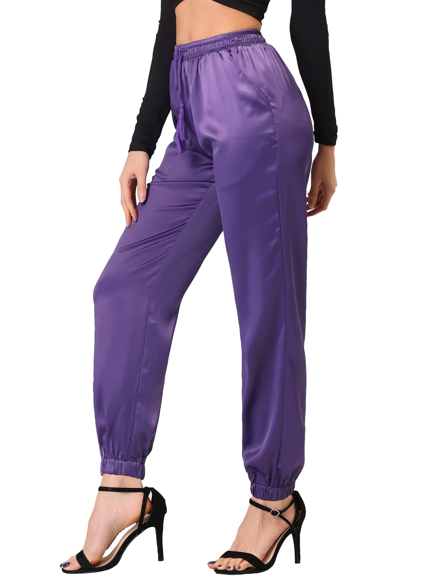 Allegra K Women's Satin Joggers with Pocket - Elastic Waist Athleisure Pants for Lounge, Yoga & Running | Comfortable Ankle-Length Drawstring Pants