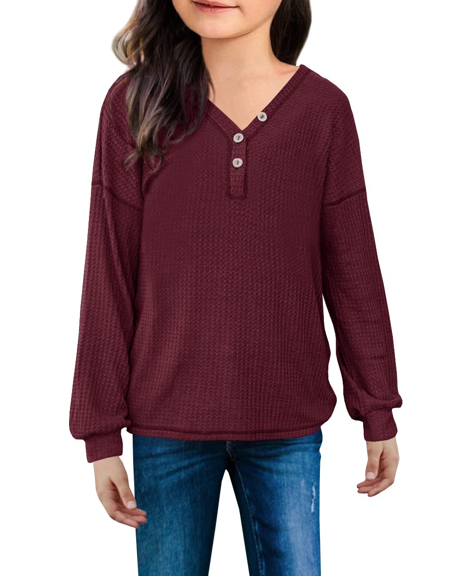 Ofenbuy Girls Long Sleeve Waffle Knit Henley Shirt - Casual Tunic Top for Kids | Perfect for School, Playdates & Family Outings