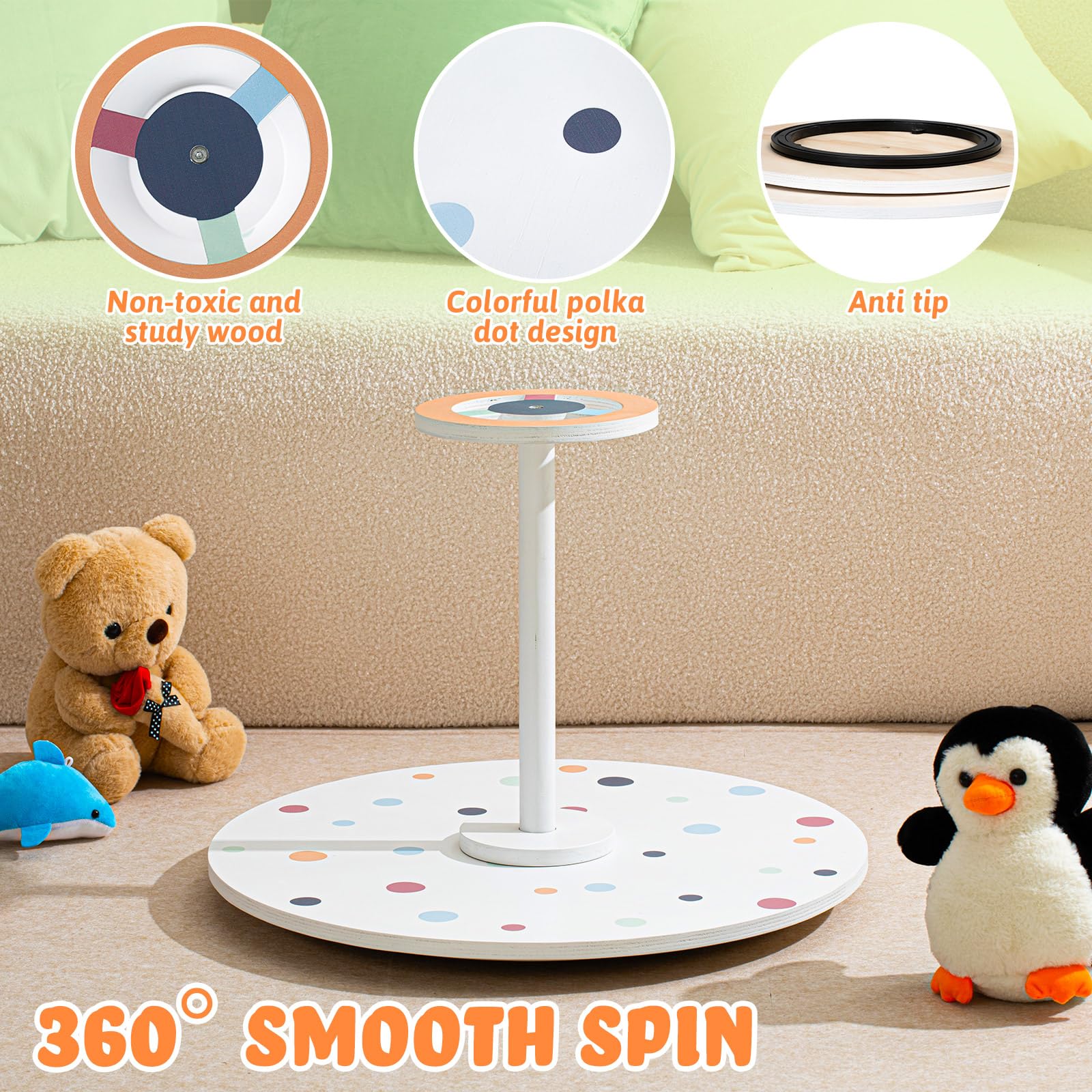 Briwooody Large 21.65 Inch Wooden Sit and Spin Toy for Toddlers & Kids - Spinning Activity Chair with Boho Polka Dot Design - Perfect Gift for Boys and Girls - Fun Indoor Play for Birthday Parties, Preschool Learning & Sensory Development