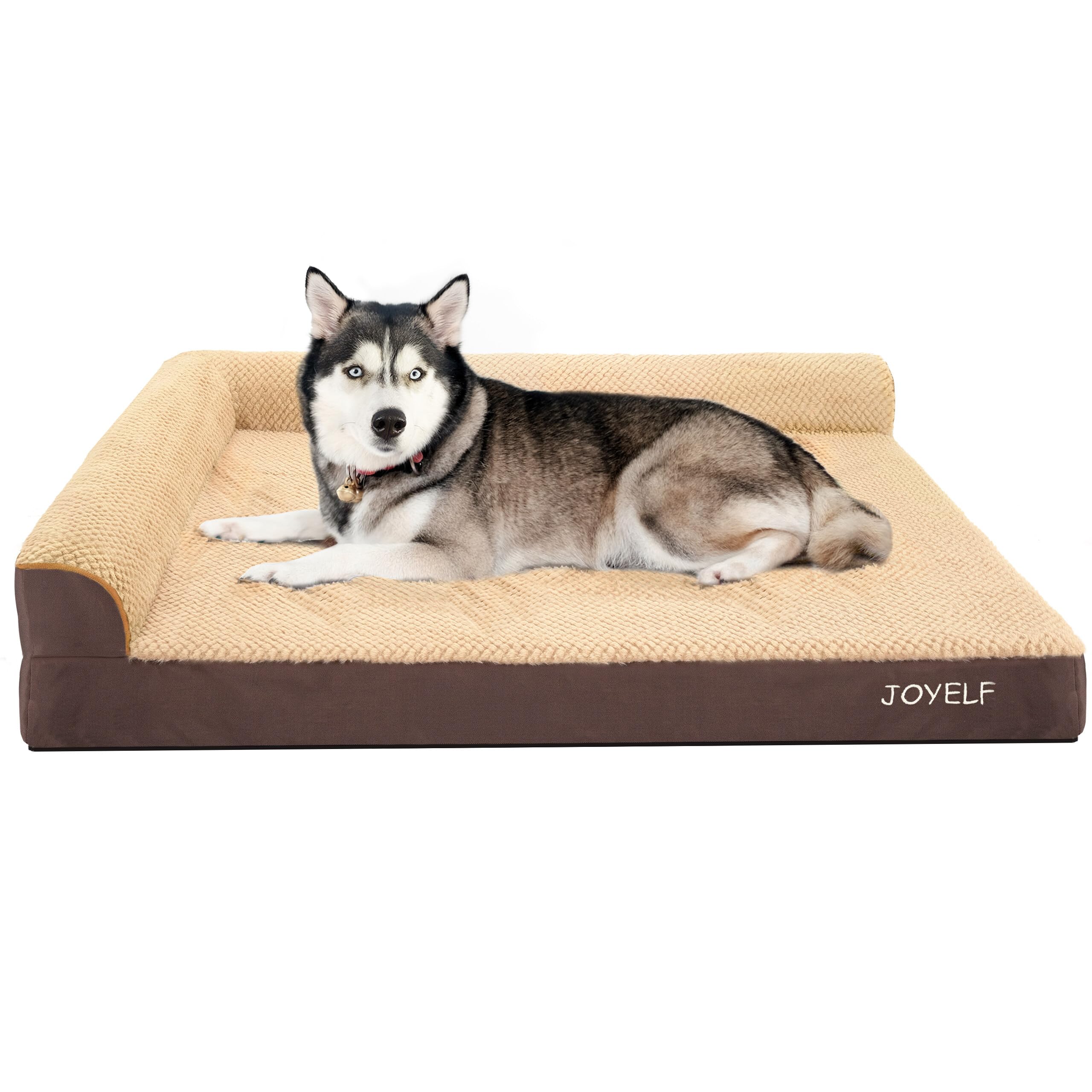 JOYELF Orthopedic Dog Bed for Extra Large Dogs - L-Shaped Memory Foam Sofa Couch with Bolster, Waterproof & Non-Slip Pet Bed, Removable Washable Cover (Coffee) - Perfect for Large Breed Dogs with Joint Pain in Living Rooms & Bedrooms