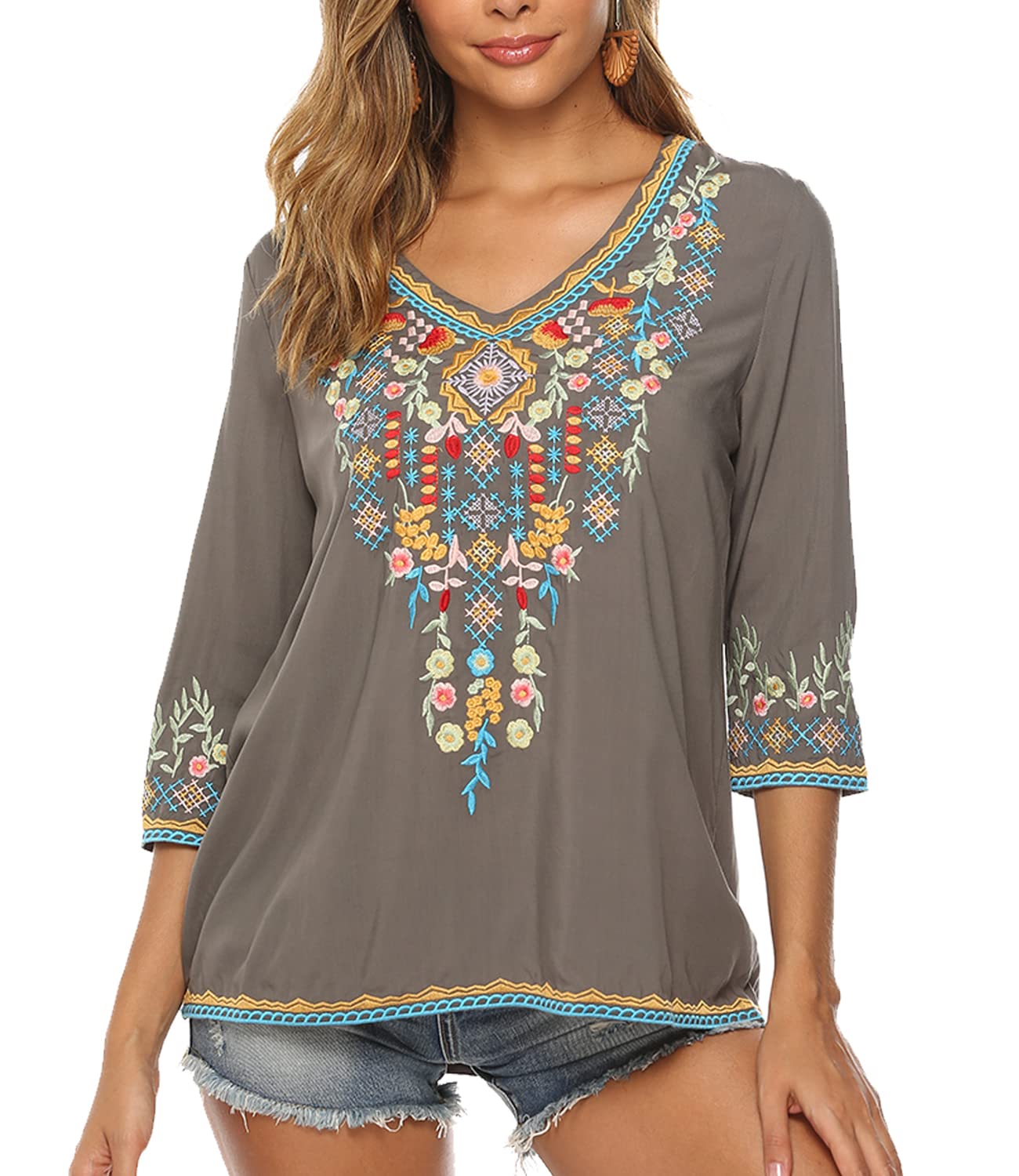 Higustar Women's Mexican Embroidered Boho Blouse - Floral Hippie Tunic Top for Summer, Fiesta & Beach - Plus Size Bohemian Peasant Shirt for Casual Wear & Vacation Outfits