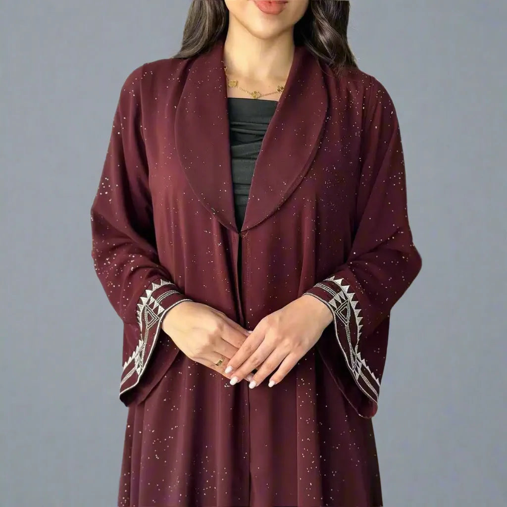 Elegant Muslim Women's Open Abaya Dress with Embroidery Sleeve & Glitter Details - Modest Islamic Fashion for Prayer, Wedding & Special Occasions