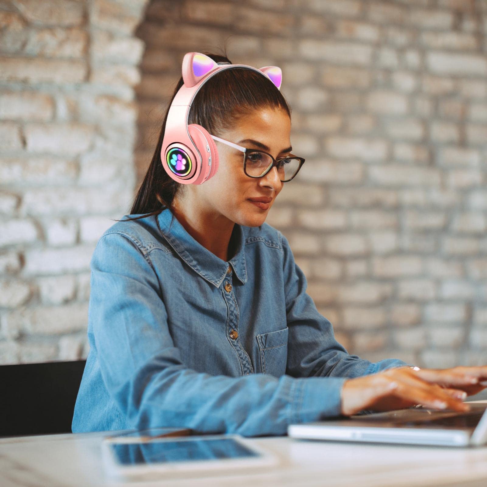 Wireless Cat Ear Headphones with Microphone, LED Lights & FM Radio - Bluetooth & Wired On-Ear Stereo Headset for Kids, Girls & Boys - Perfect for Phone Calls, Music, TV & Laptop Use - Cute Gift for Anime Fans & Gamers