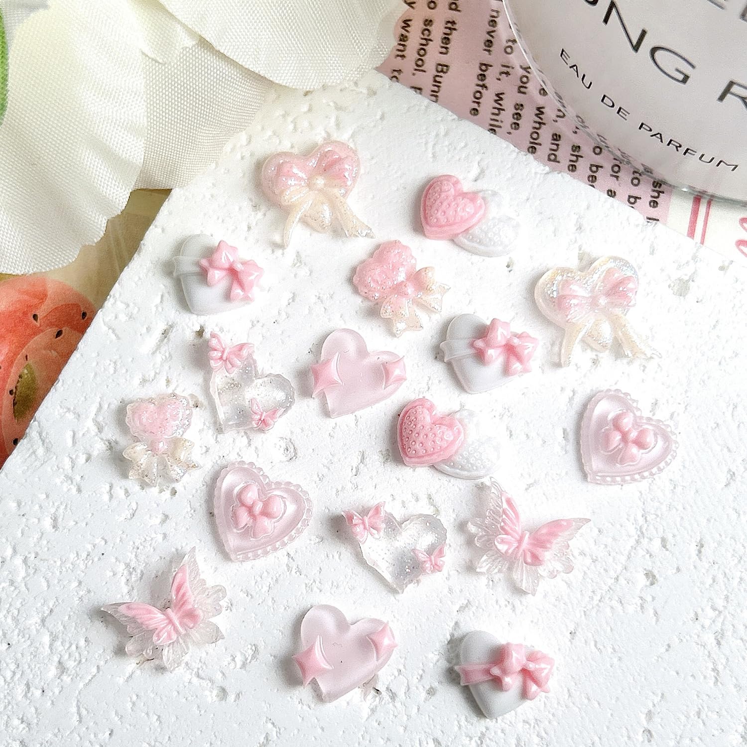40Pcs Pink Nail Art Charms Glow in The Dark Heart Rhinestones - 3D Resin Nail Gems Decals for Valentines Day Manicure, DIY Nail Decorations, Party, Wedding, Salon, Home Nail Art Supplies