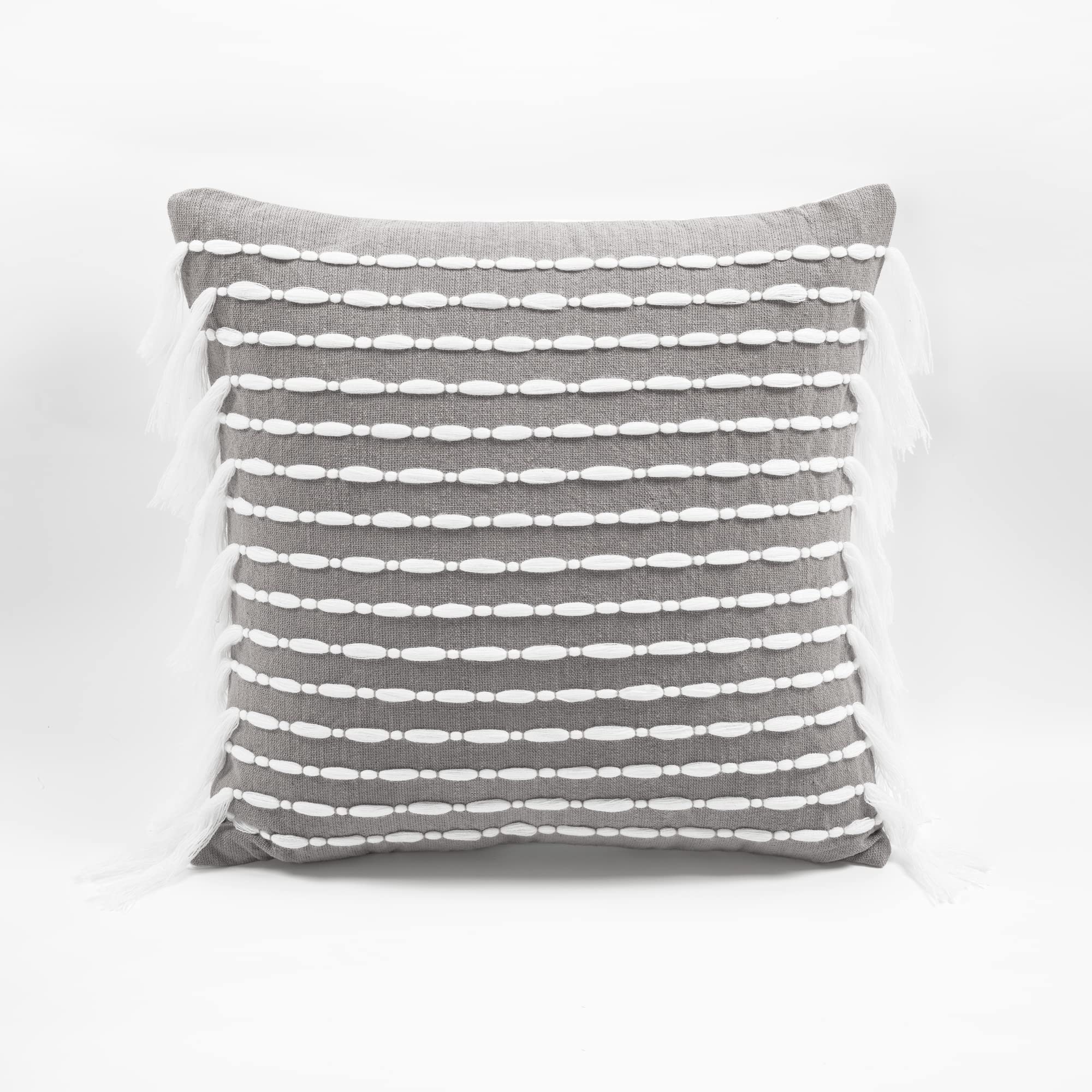 Lush Decor Linear Cotton Tassel Decorative Throw Pillow Cover 20x20 Inches - Soft Gray Square Cushion Case for Sofa, Bed, Chair - Home Decor & Living Room Accent Pillow